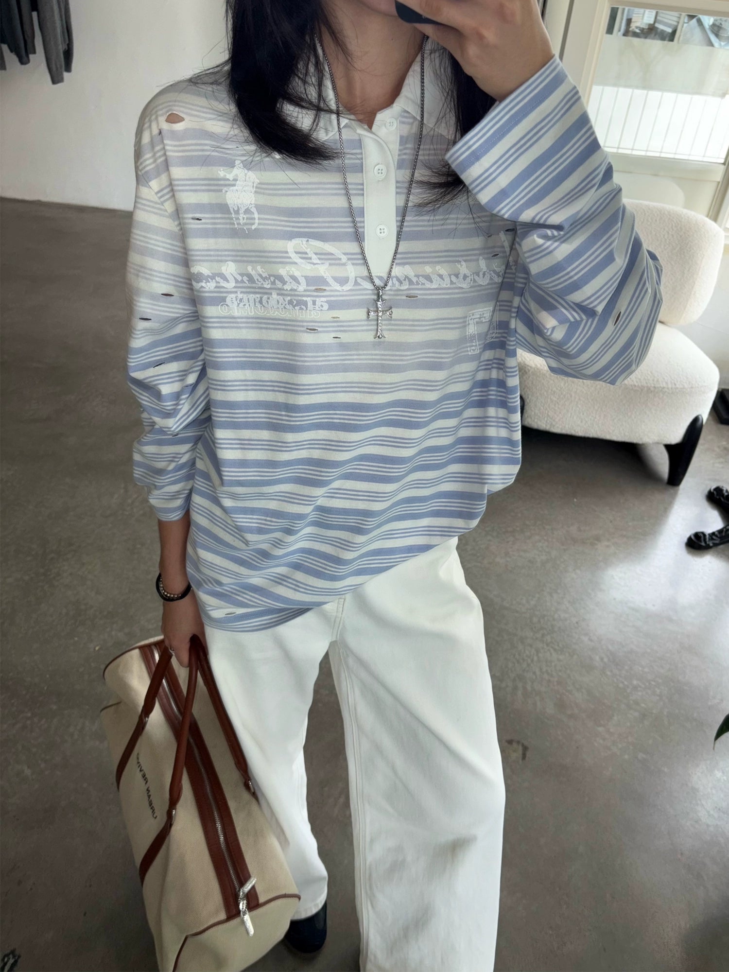 WASE Spray Dye Gradual Change Hole Print Polo Stripe Long Sleeve