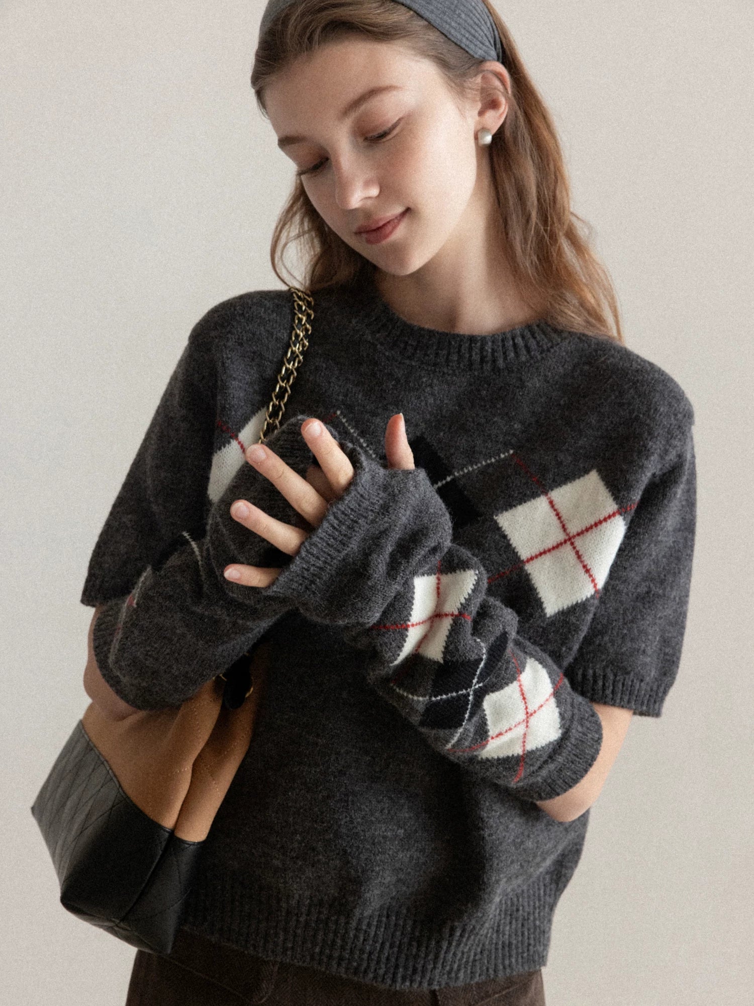 Cantonstory Korean Retro Diamond Sleeve Knitted Sweater