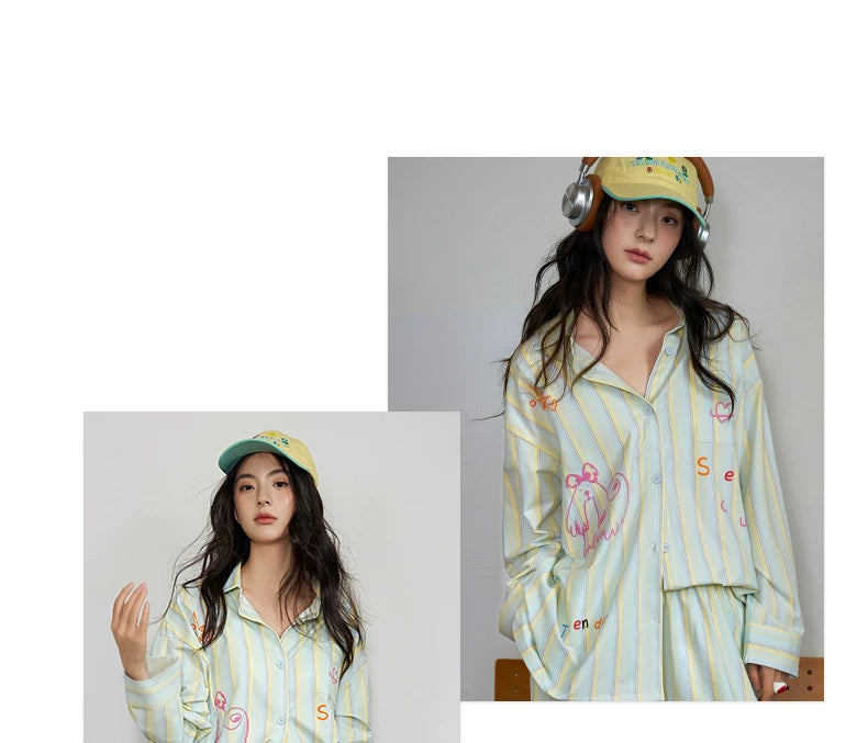 YUENEI Striped Dopamine Cardigan Pajamas