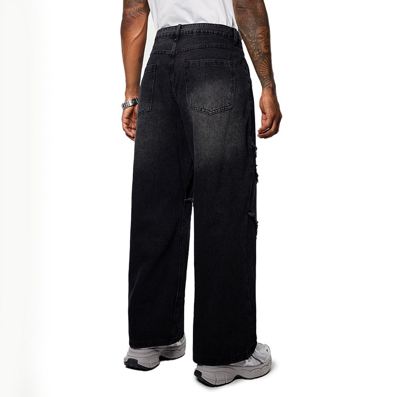 Inflation Loose Old Washed Rough Edge Stitching Jeans