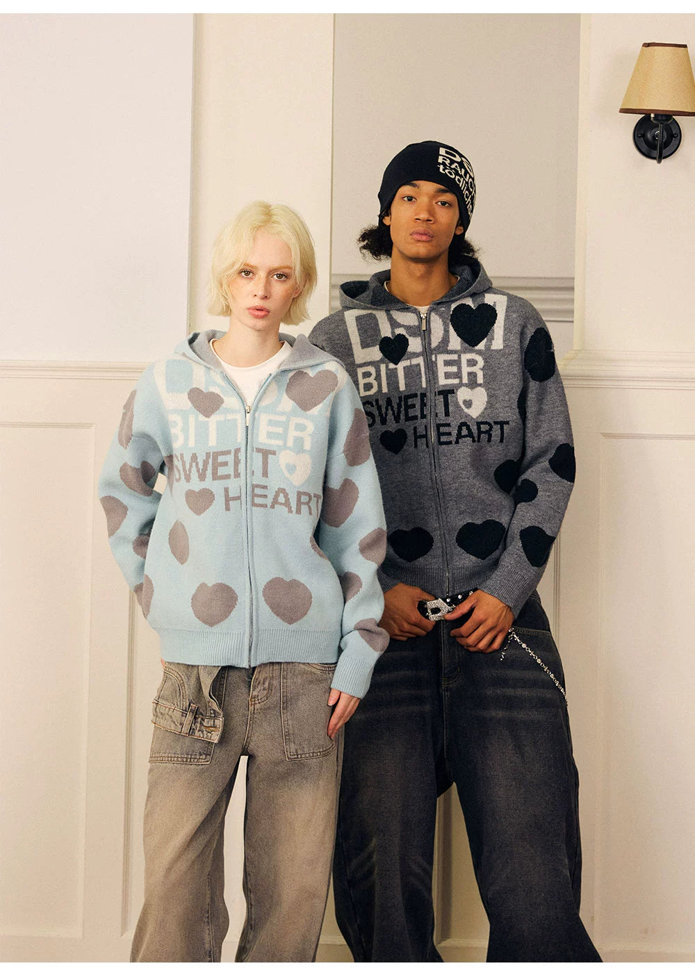 DONSMOKE Love Print Soft Waxy Lazy Contrasting Color Knitted Zipper Jacket