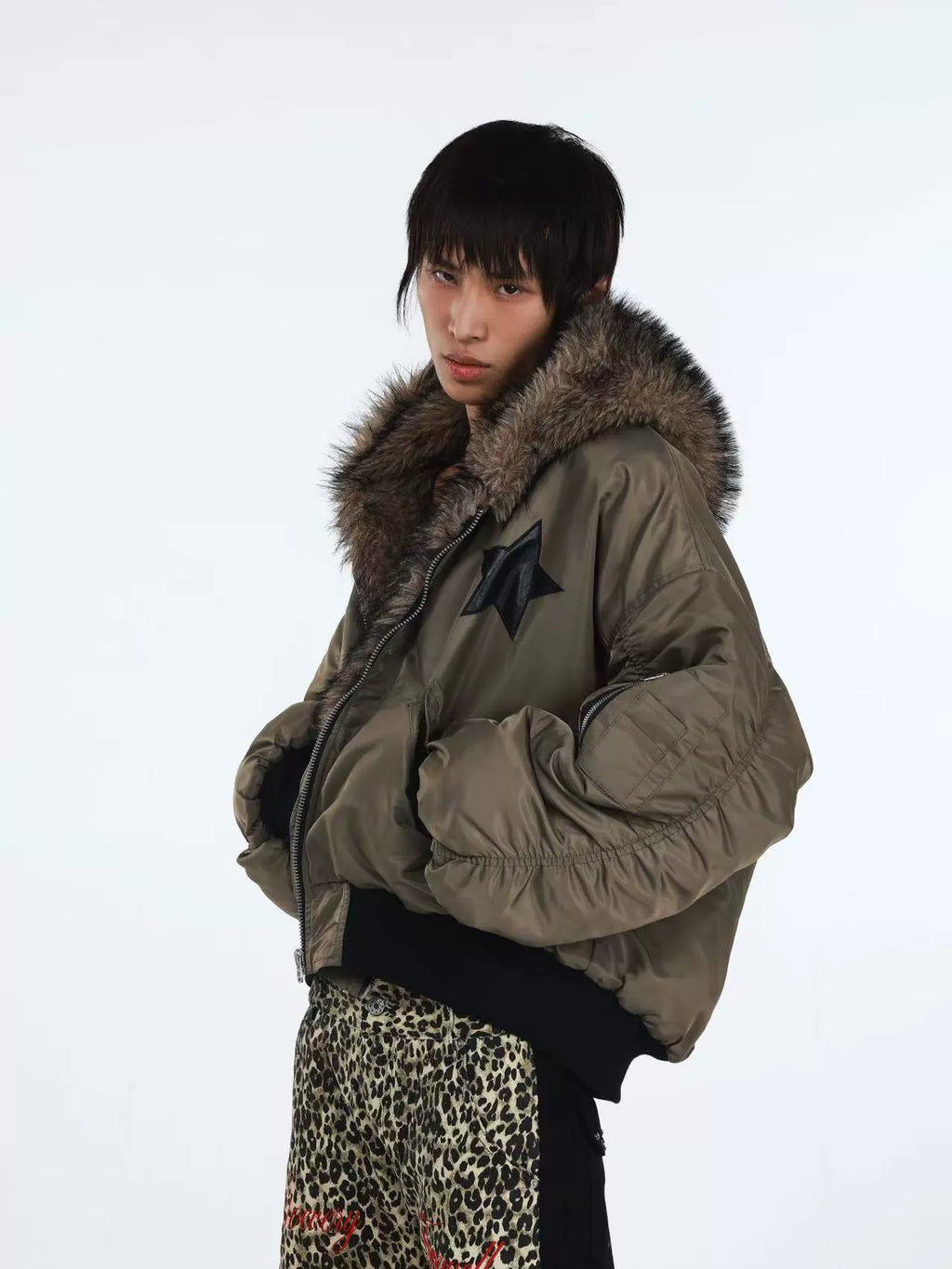 DETW Five-pointed Star Fake Two-piece Fur Collar Hooded Cotton Dress