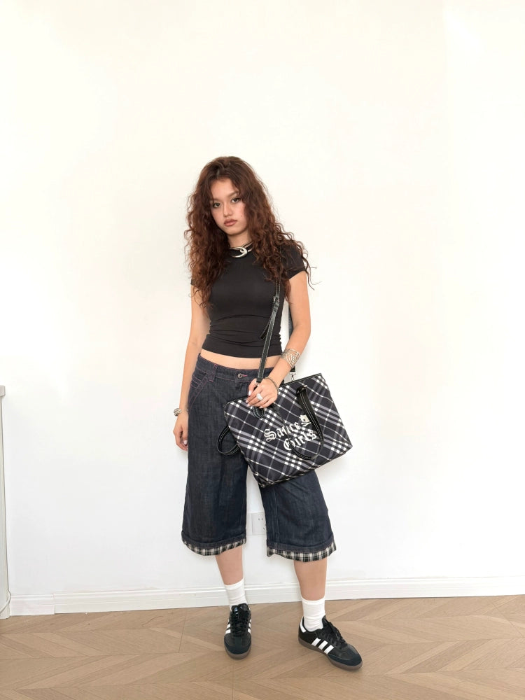 SAUCE Letter-printed Plaid Shoulder Commuter Tote Bag