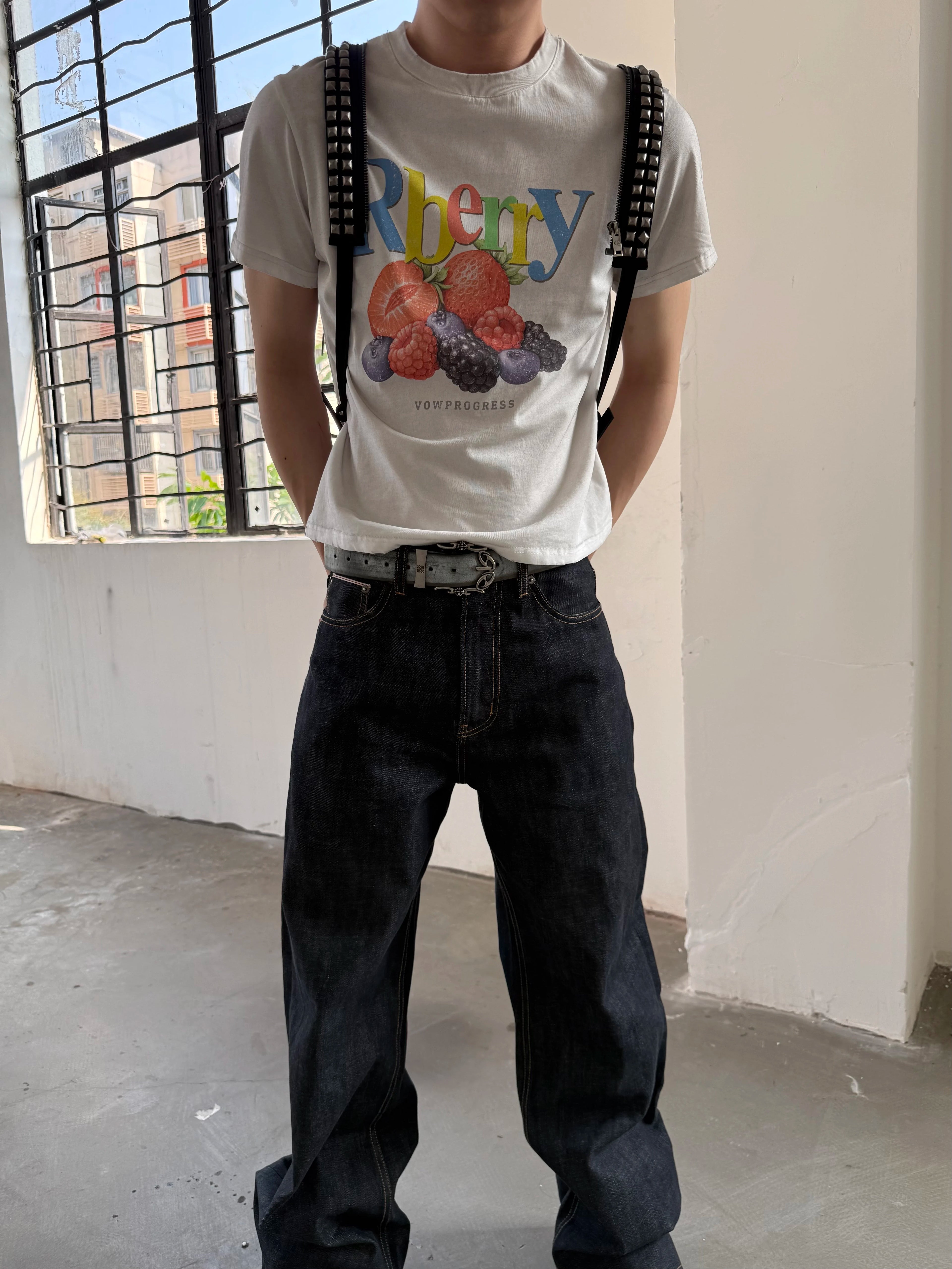 VOWPROGRESS Fruit Print Front Shoulder Casual Tee