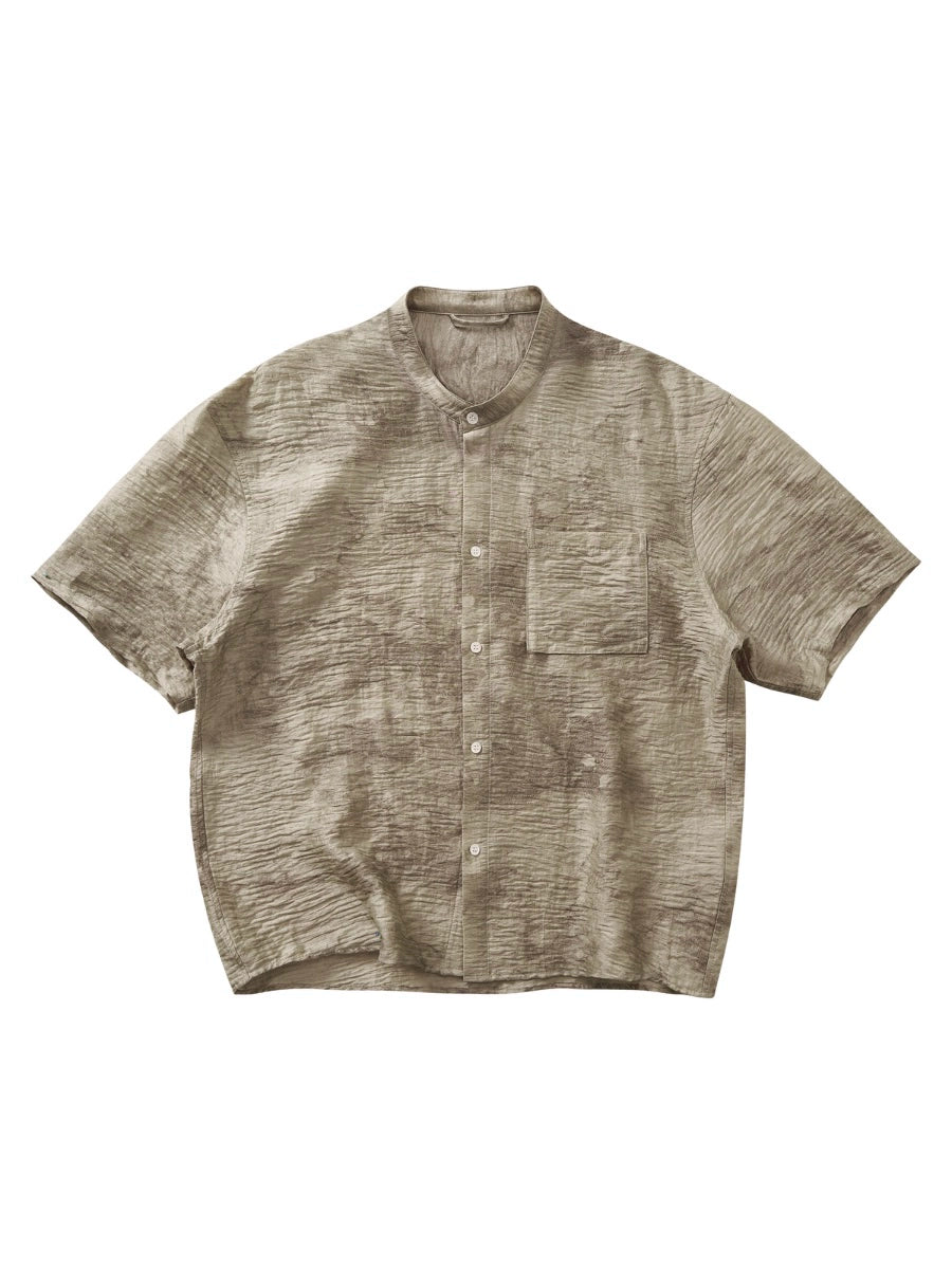 Imdelusion Tencel Retro Printing Tie-dye Gradual Change Pleated Stand-up Collar Shirt