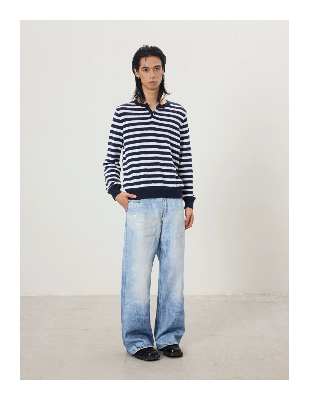 BTSG Lazy Wind Slack Striped Henry Neck Long Sleeve Knitted Sweater