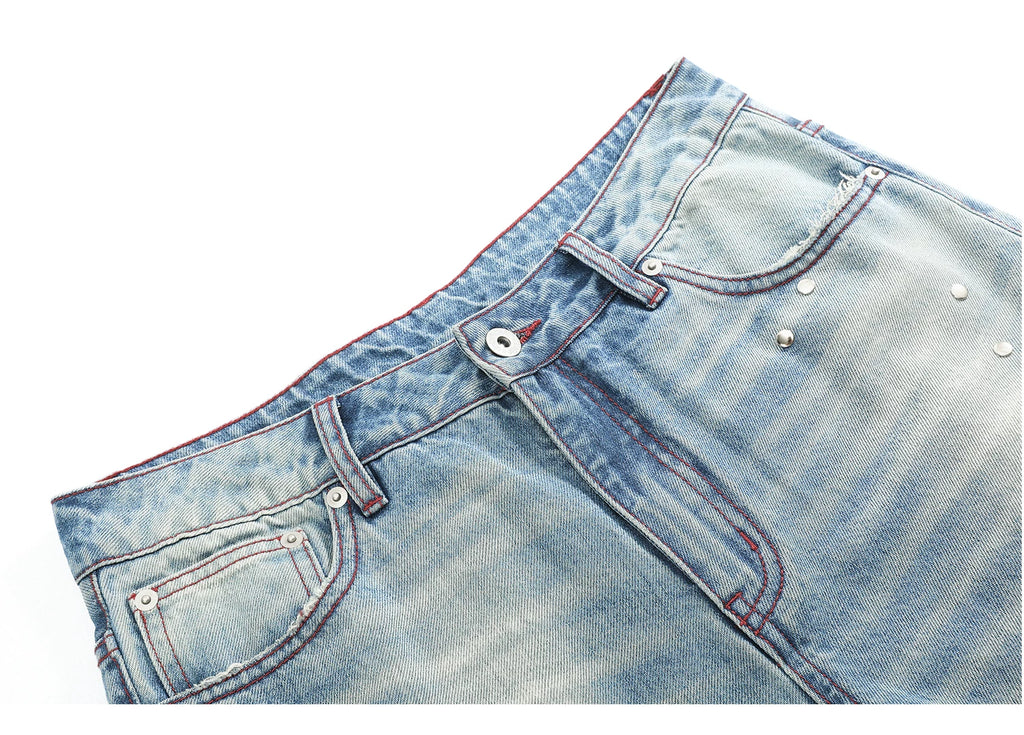 No E Mosen Plaid Rivet Pull Jeans