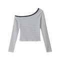 Nariele Striped Slant Neck Slim Off-Shoulder Long Sleeves