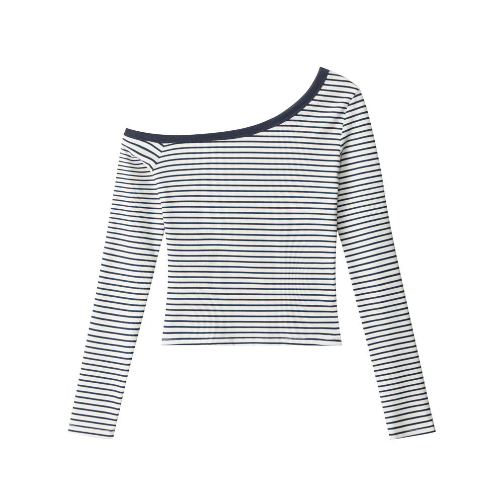 Nariele Striped Slant Neck Slim Off-Shoulder Long Sleeves