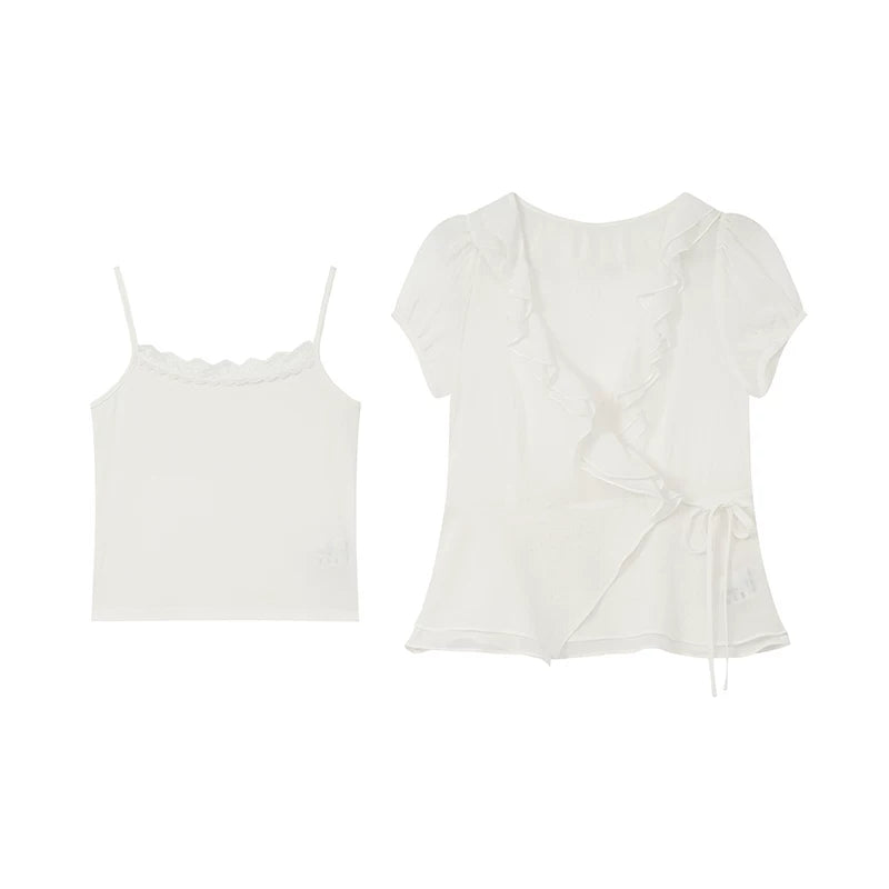 KANO Ruffle Edge Oblique Strap Lace Fashion Suit
