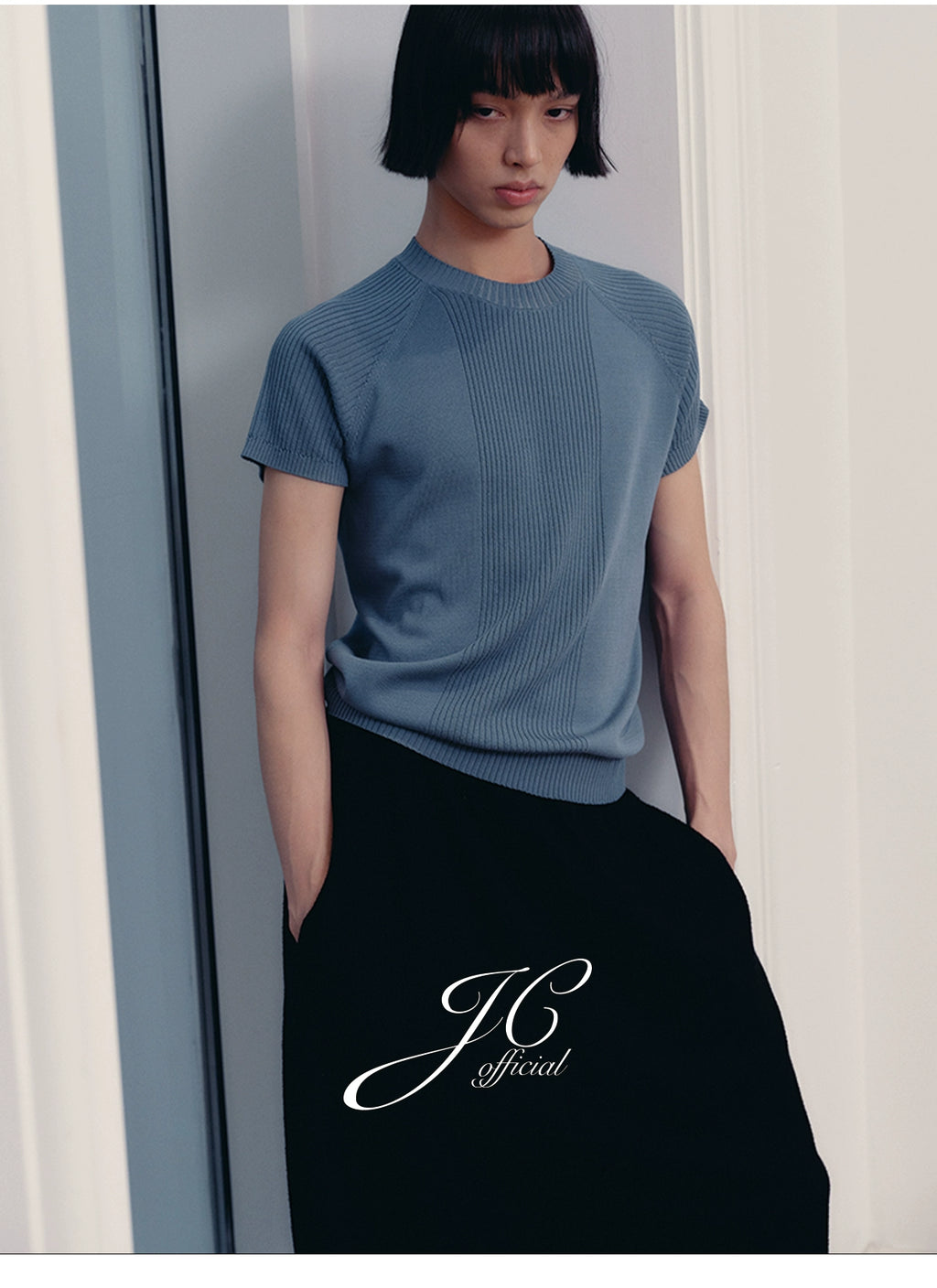 JCAESAR Pit Strip Knitted Shoulder Tee