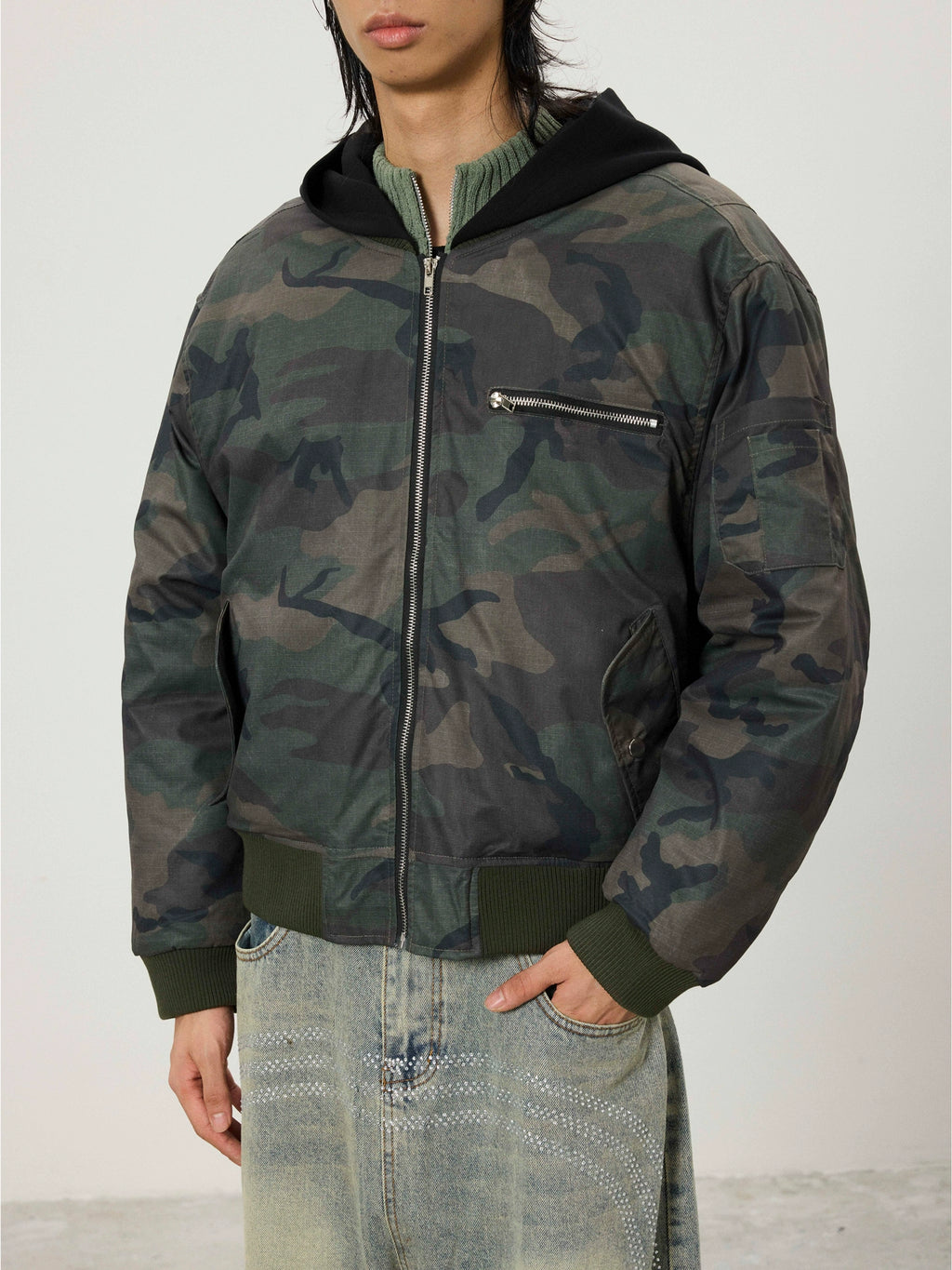 BTSG Double Zipper Fake Two-piece Stitching Camouflage Hooded Cotton Coat