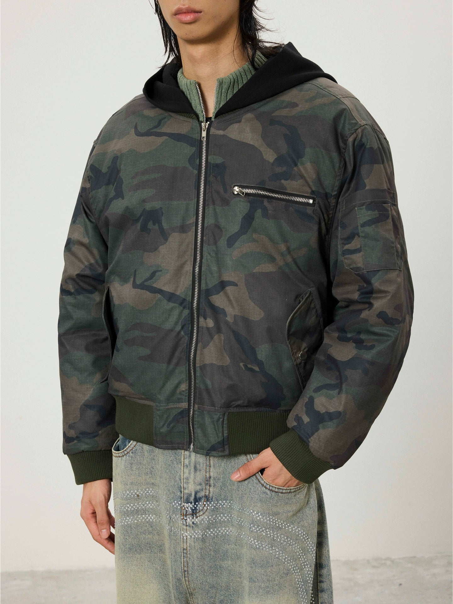 BTSG Double Zipper Fake Two-piece Stitching Camouflage Hooded Cotton Coat