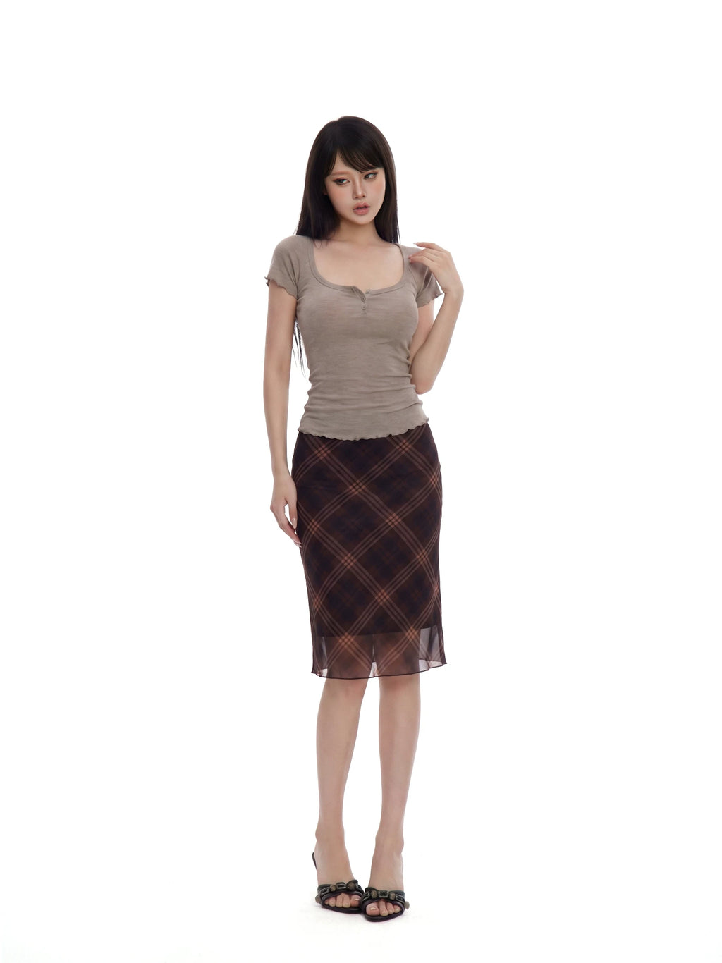 WITHMIN Plaid Mesh Stitching Low-rise Skirt
