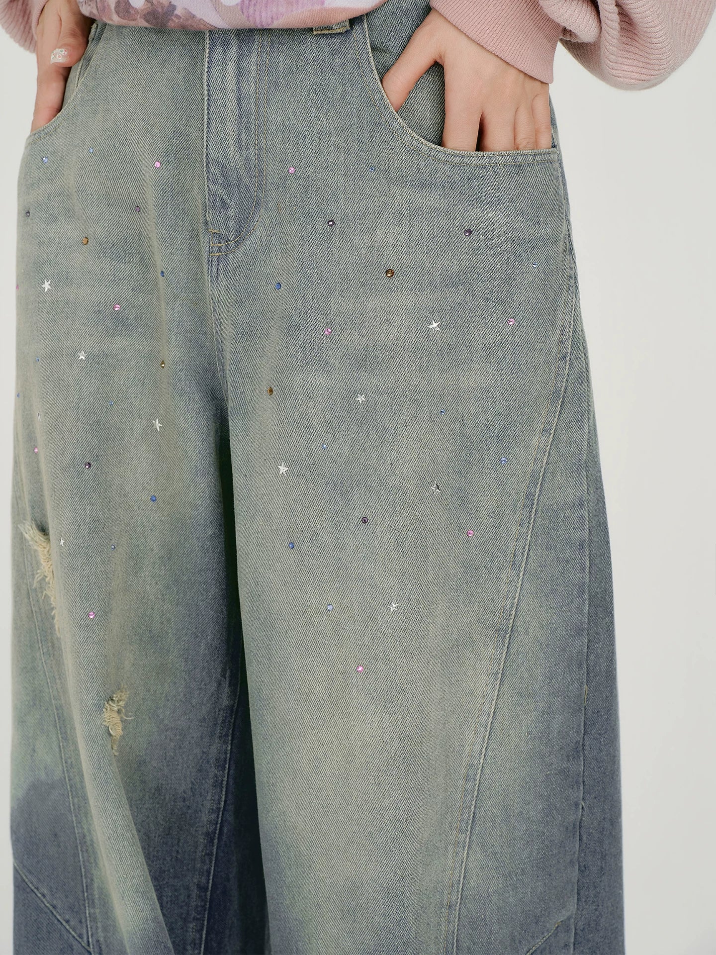 Girlyhalo Vintage Hot Diamond Make Old Wide Leg Jeans
