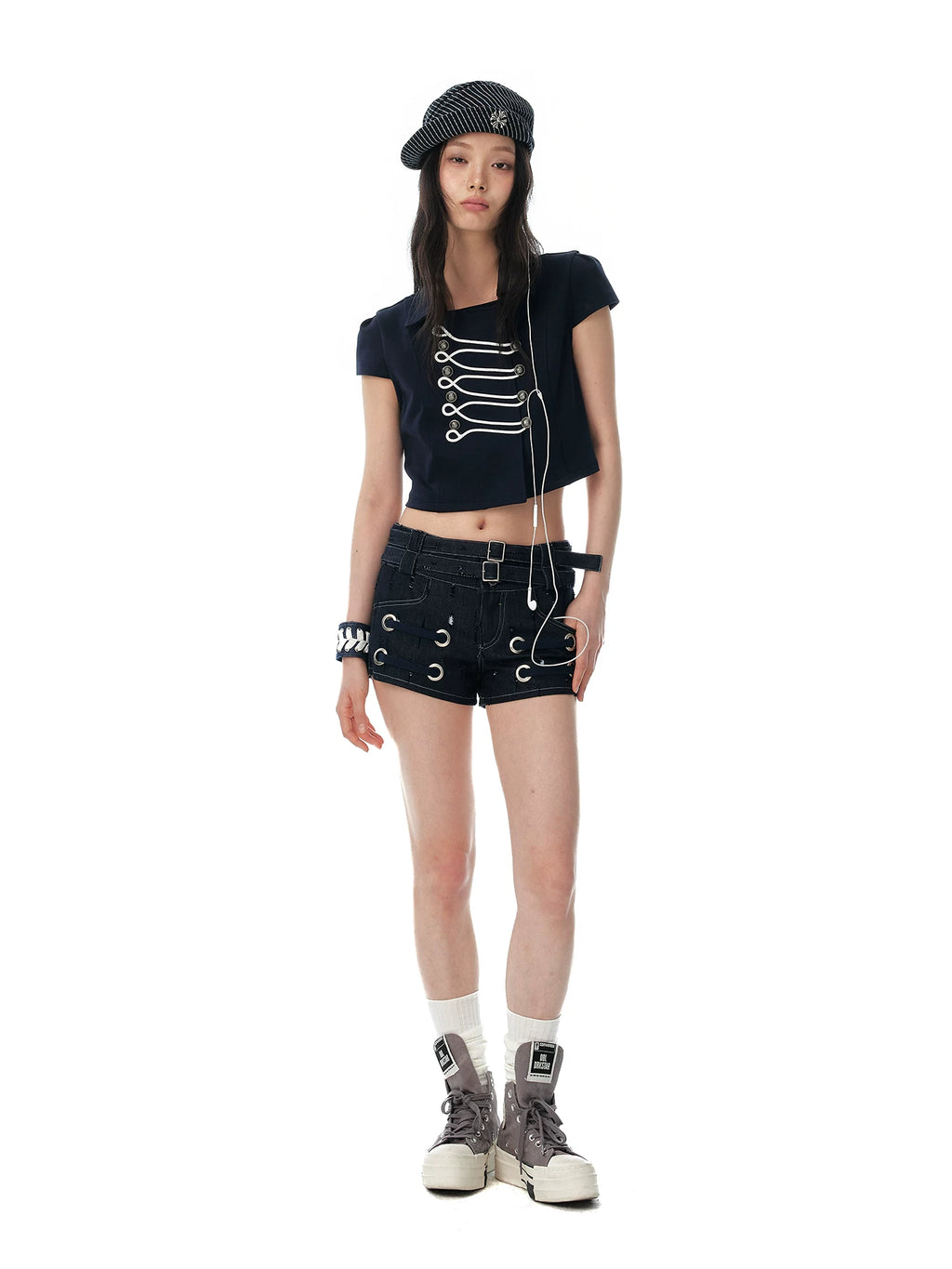 JIKOO Double Belt Denim Shorts