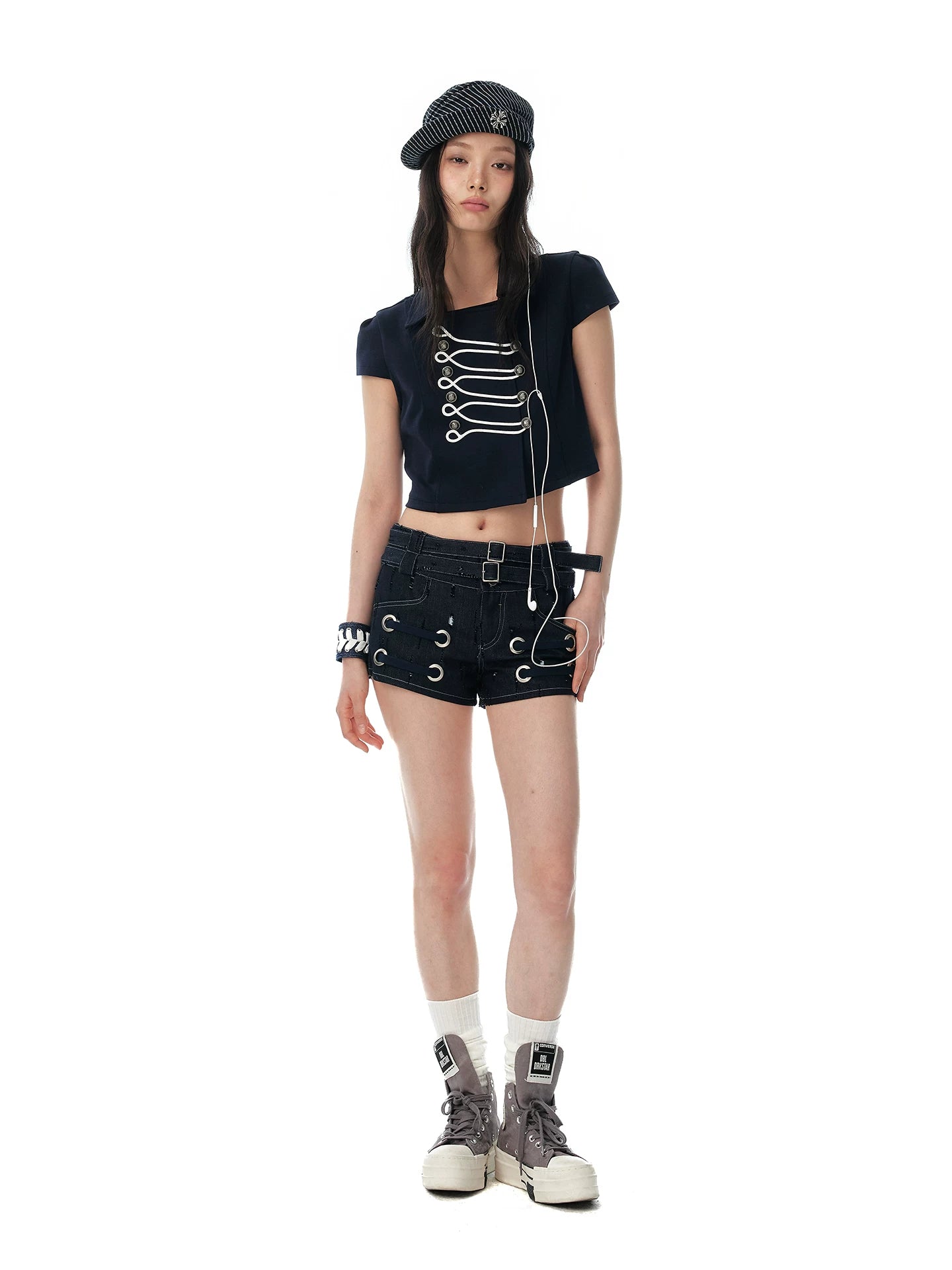 JIKOO Double Belt Denim Shorts