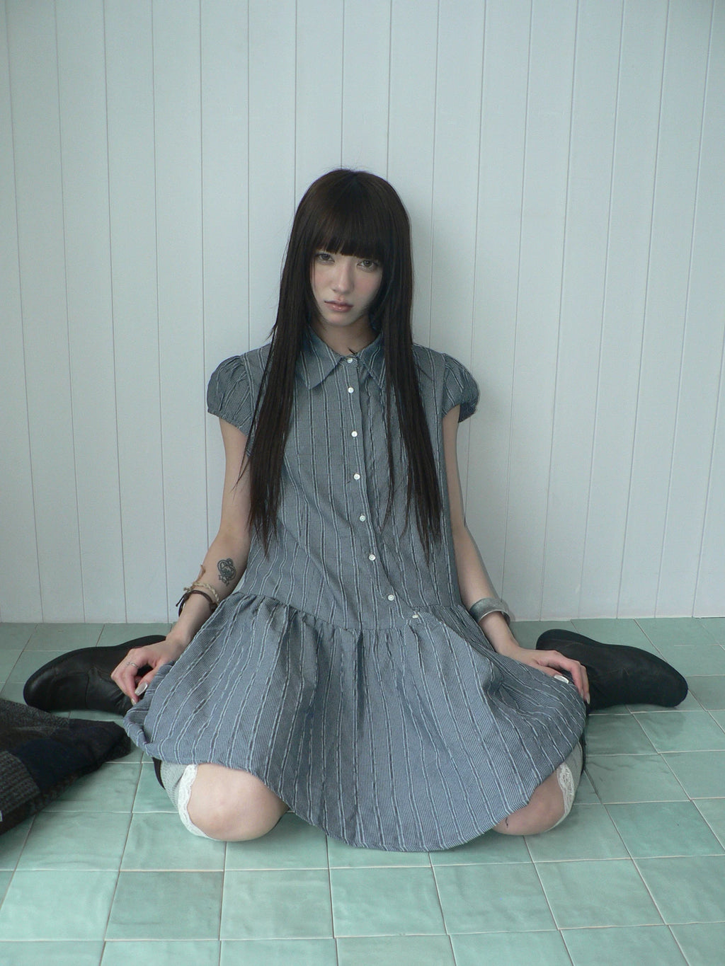 Ang: Project Vertical Striped Bubble Sleeve Lapel Dress