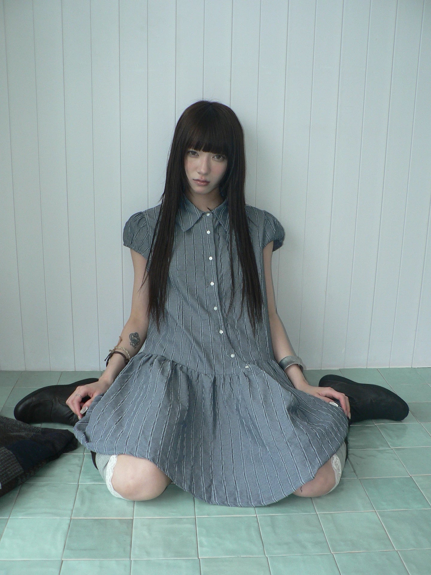 Ang: Project Vertical Striped Bubble Sleeve Lapel Dress