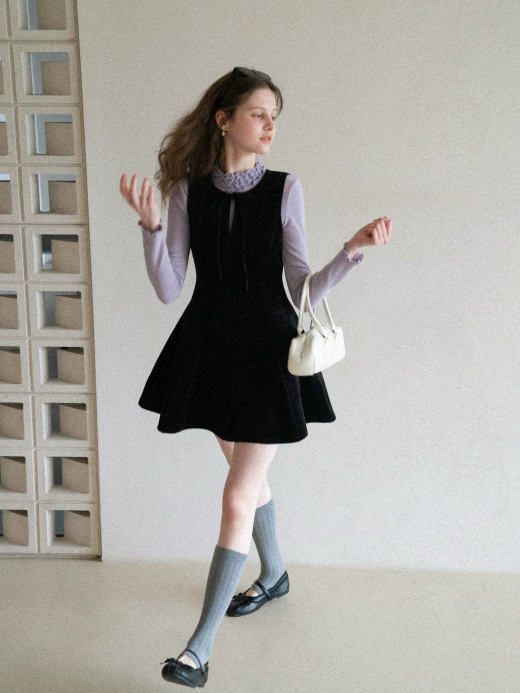 EGGKA Lace-up Bow Temperament Waist and Thin Dress