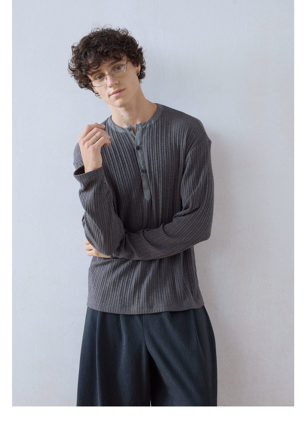 DIMC Henry Collar Button Casual Long Sleeve
