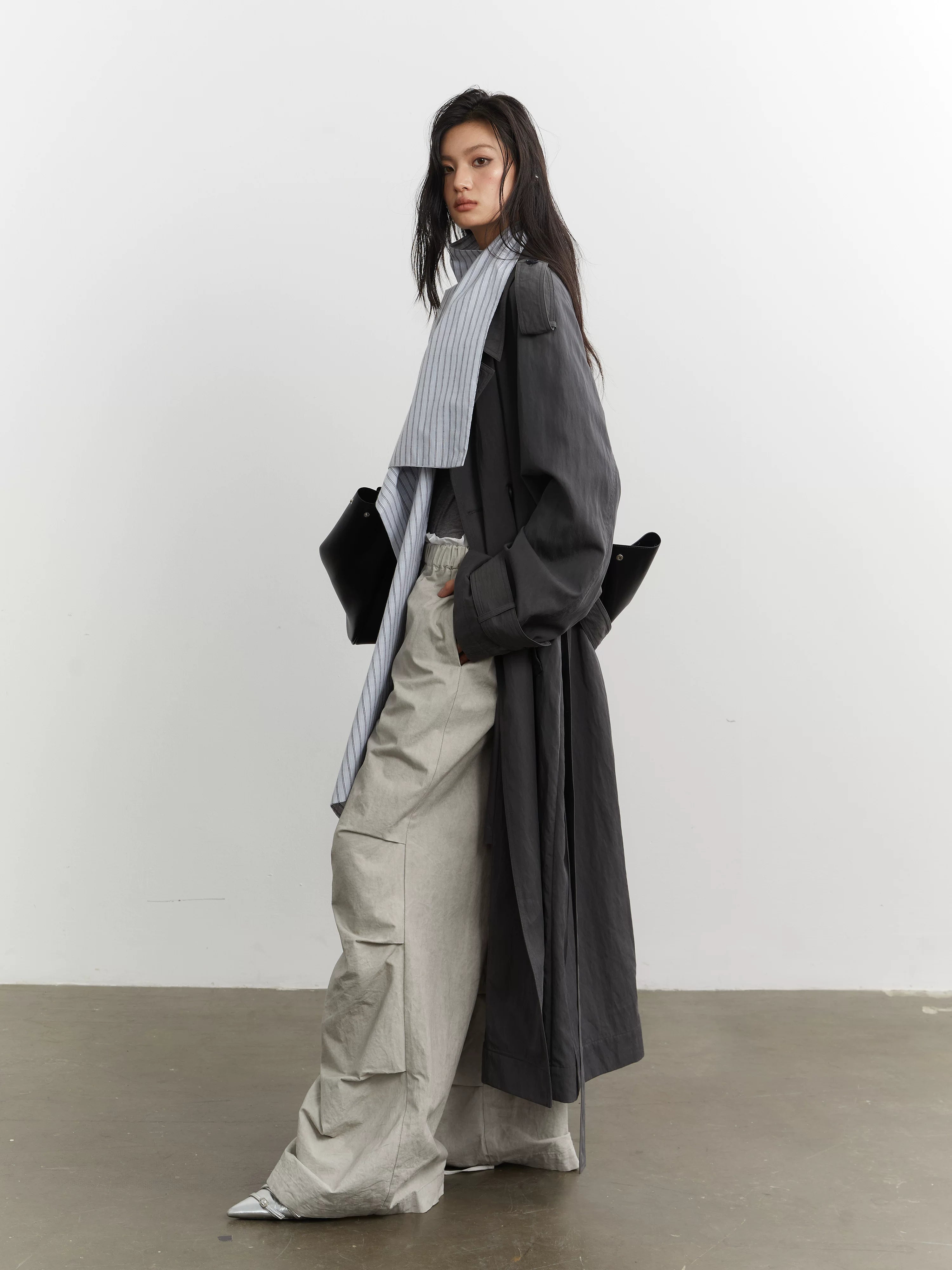 JNYLON Minimalist Loose Fake Two-piece Removable Collar Contrasting Color Long Trench Coat