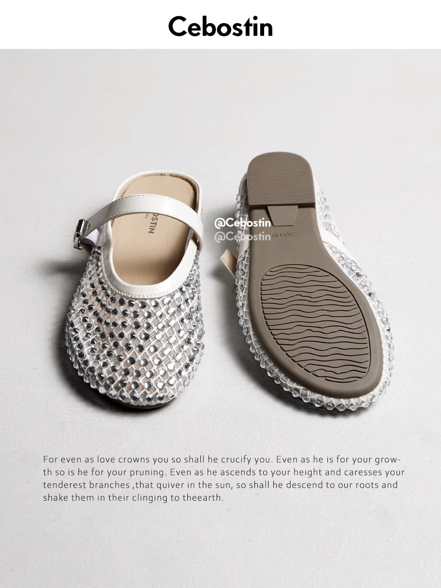 Cebostin One-word Buckle Bright Diamond Niche Hollow Half Slippers