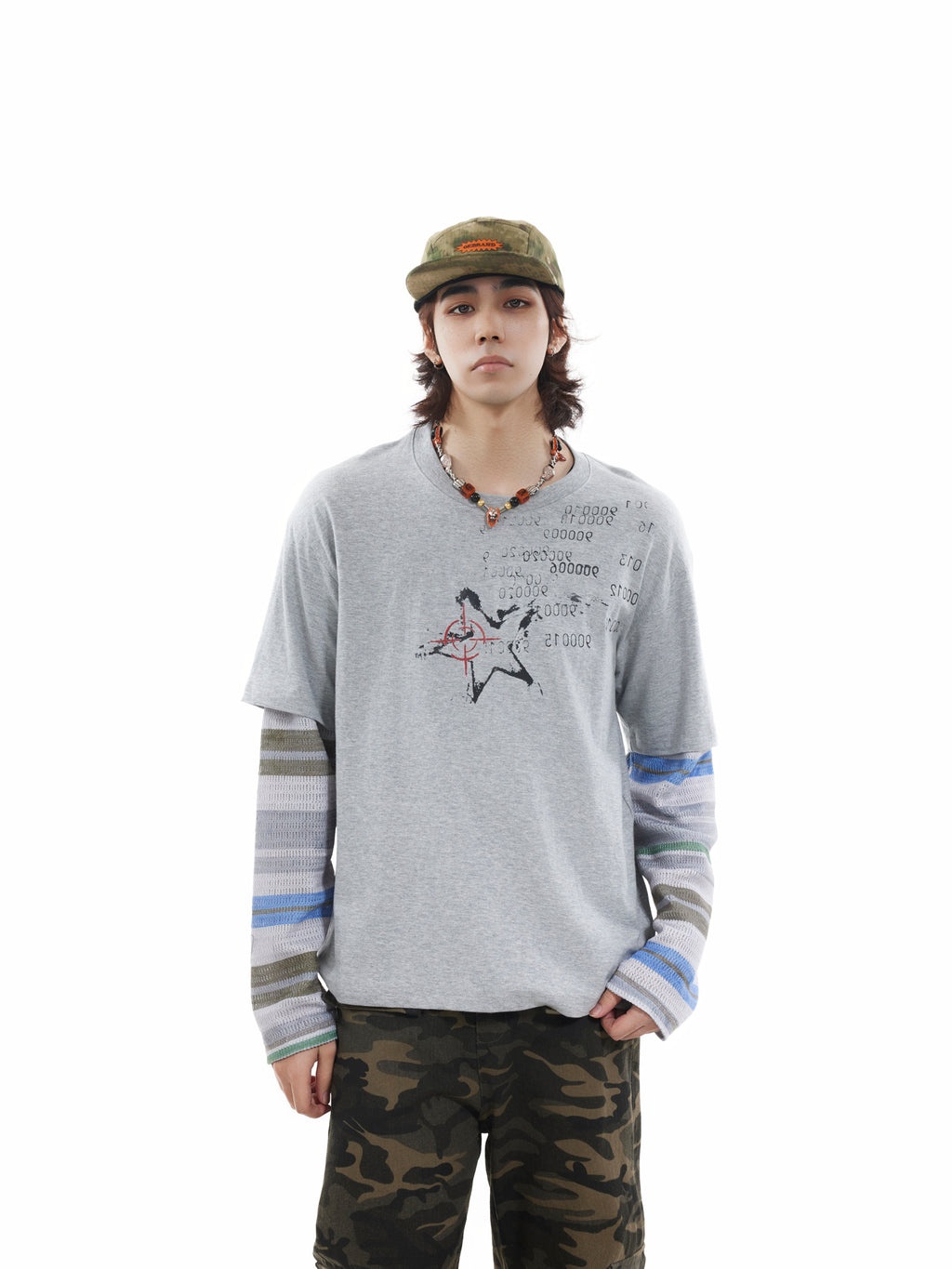 BTSG fake two-piece striped splicing long-sleeved Tee