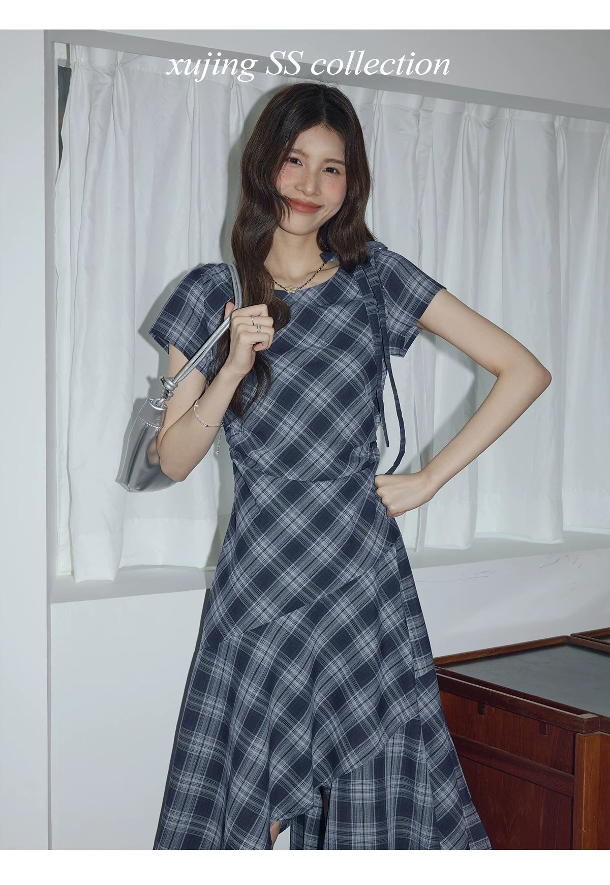 XUJING Retro Drape Irregular Plaid Dress