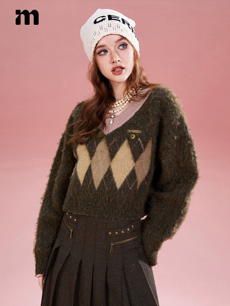Imone Contrast Rhombus Jacquard Short V-Neck Knitted Sweater
