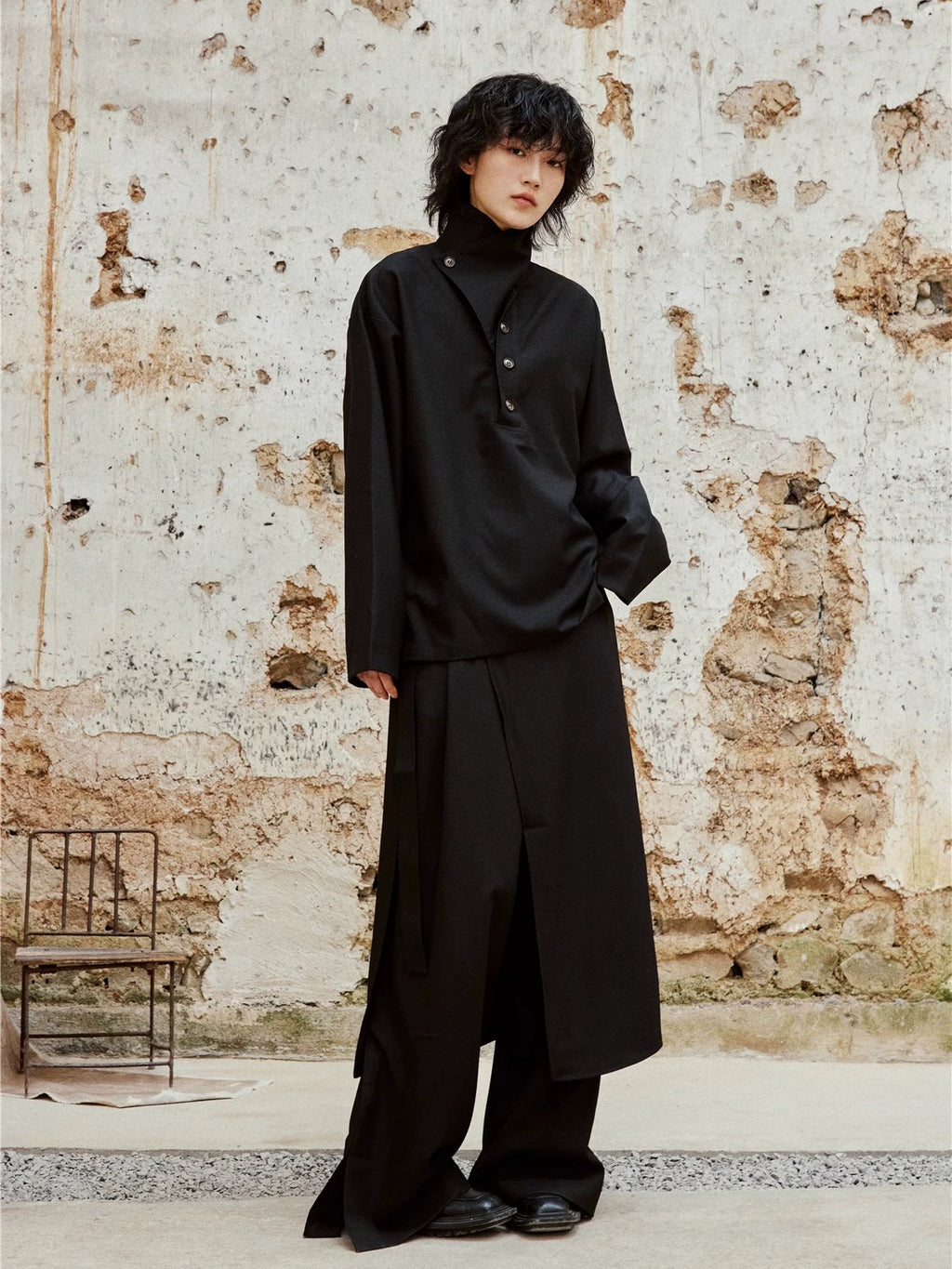 SUNYVONNE Retro Button-down Two-piece Stand-up Collar Long-sleeved Shirt