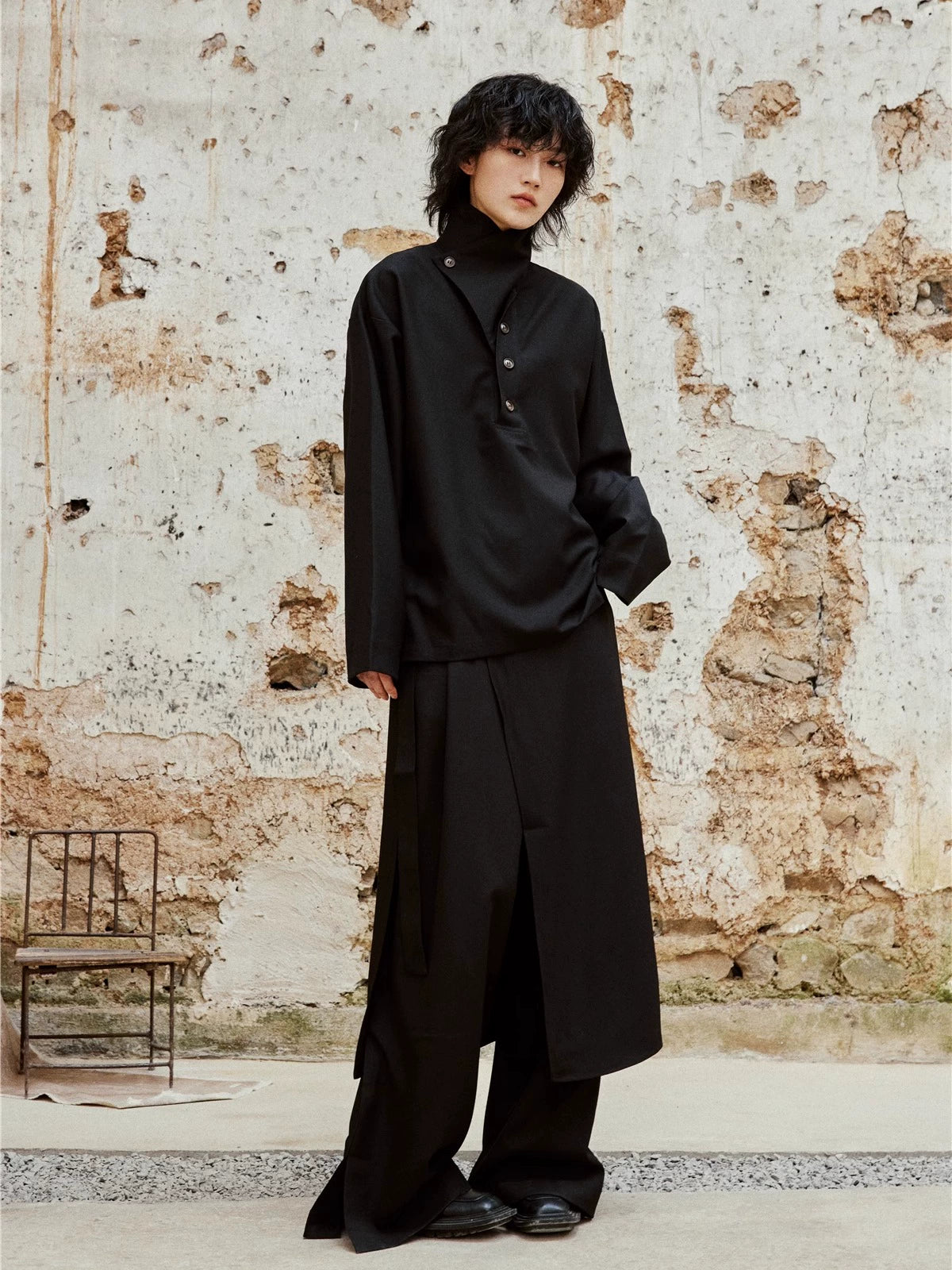 SUNYVONNE Retro Button-down Two-piece Stand-up Collar Long-sleeved Shirt