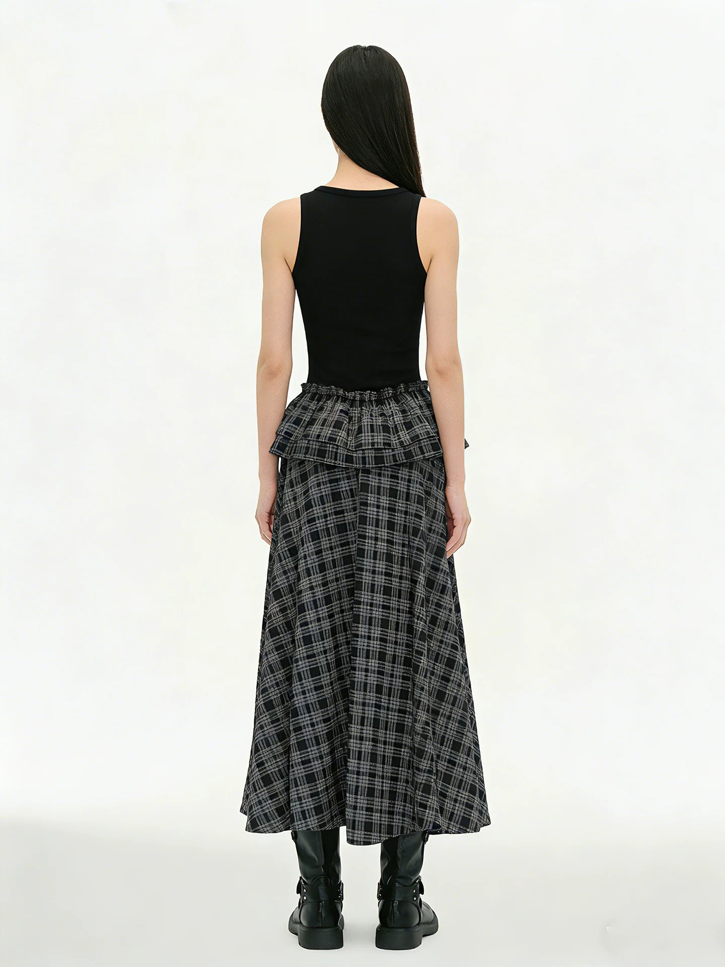 FUNOFF Plaid Stitching Simple Off-the-shoulder Slim-fitting Waist Dress