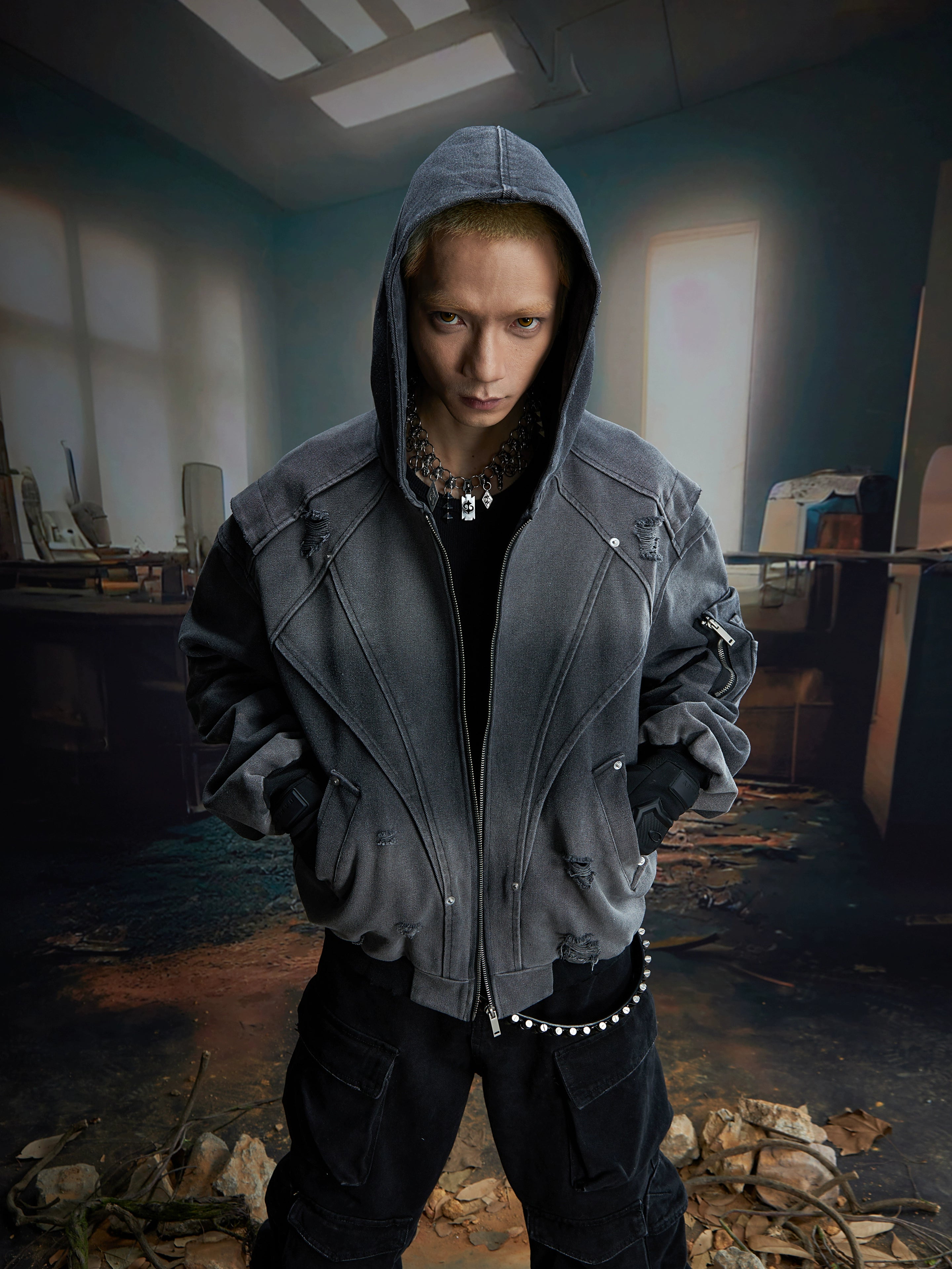 NOMANIAI frayed hooded loose zip jacket