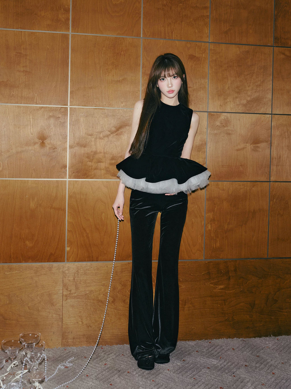 Avenement Velvet Stitching Mesh Casual Suit