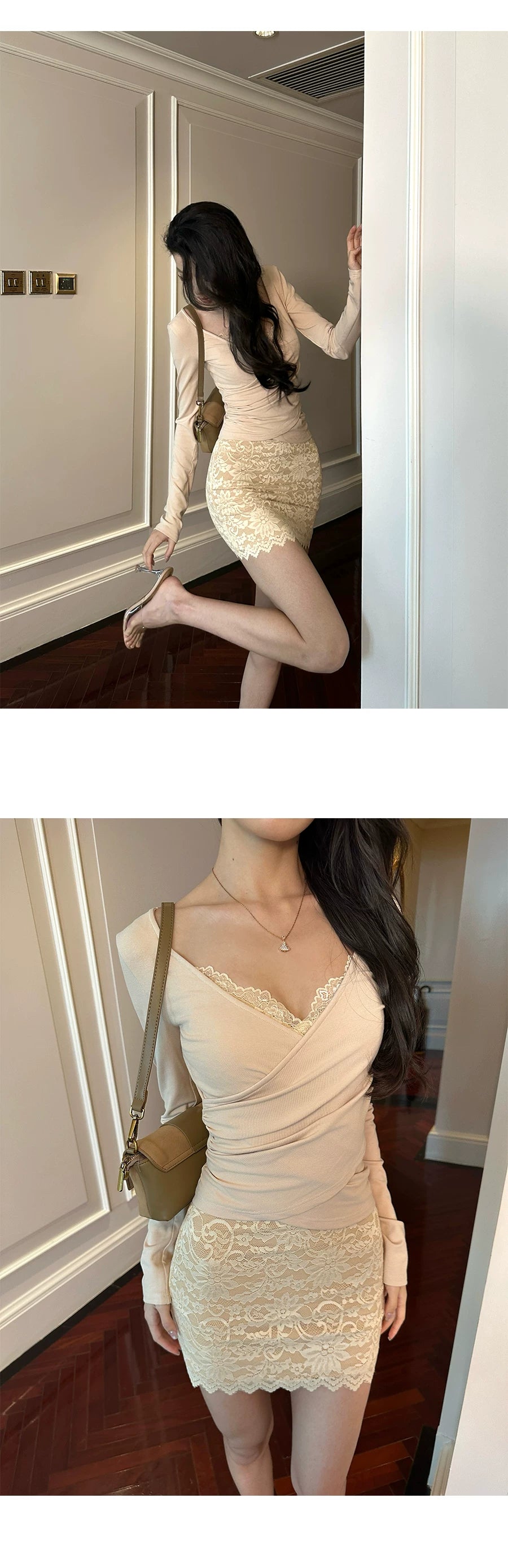 LLROGE Lace Dress Slim Long Sleeve Suit