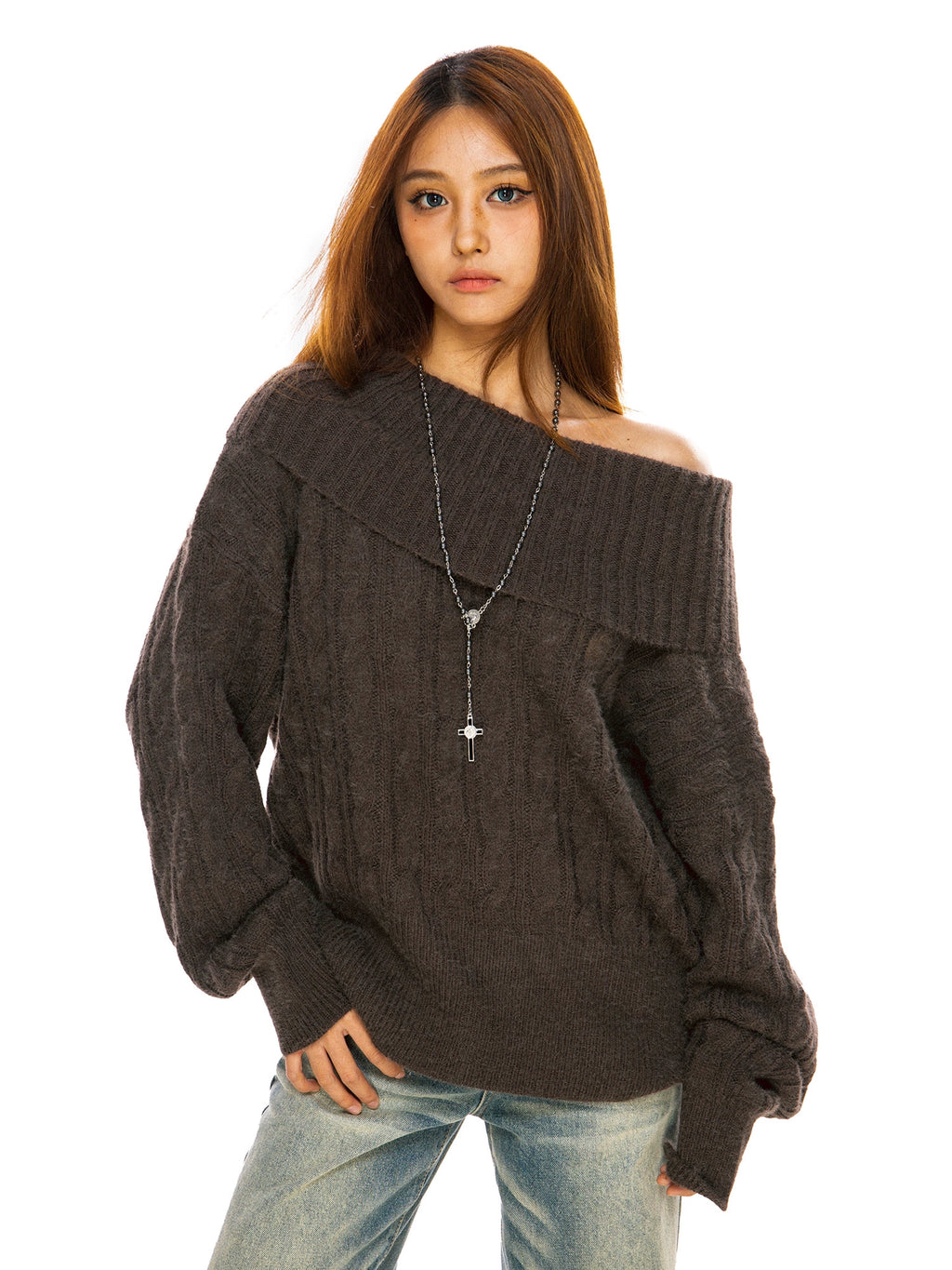 FILIRILI One-word Shoulder Lazy Loose-knit Slanted Shoulder Sweater