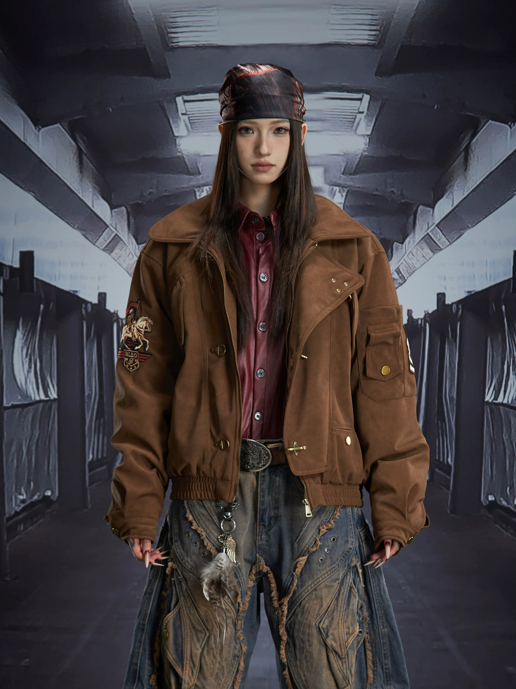 NOMANIAI Matte Textured PU Leather Embroidered Lapel Jacket