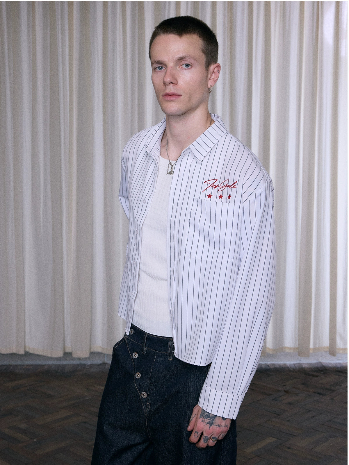 InsGale Striped Embroidered Lapel Cardigan Shirt Jacket