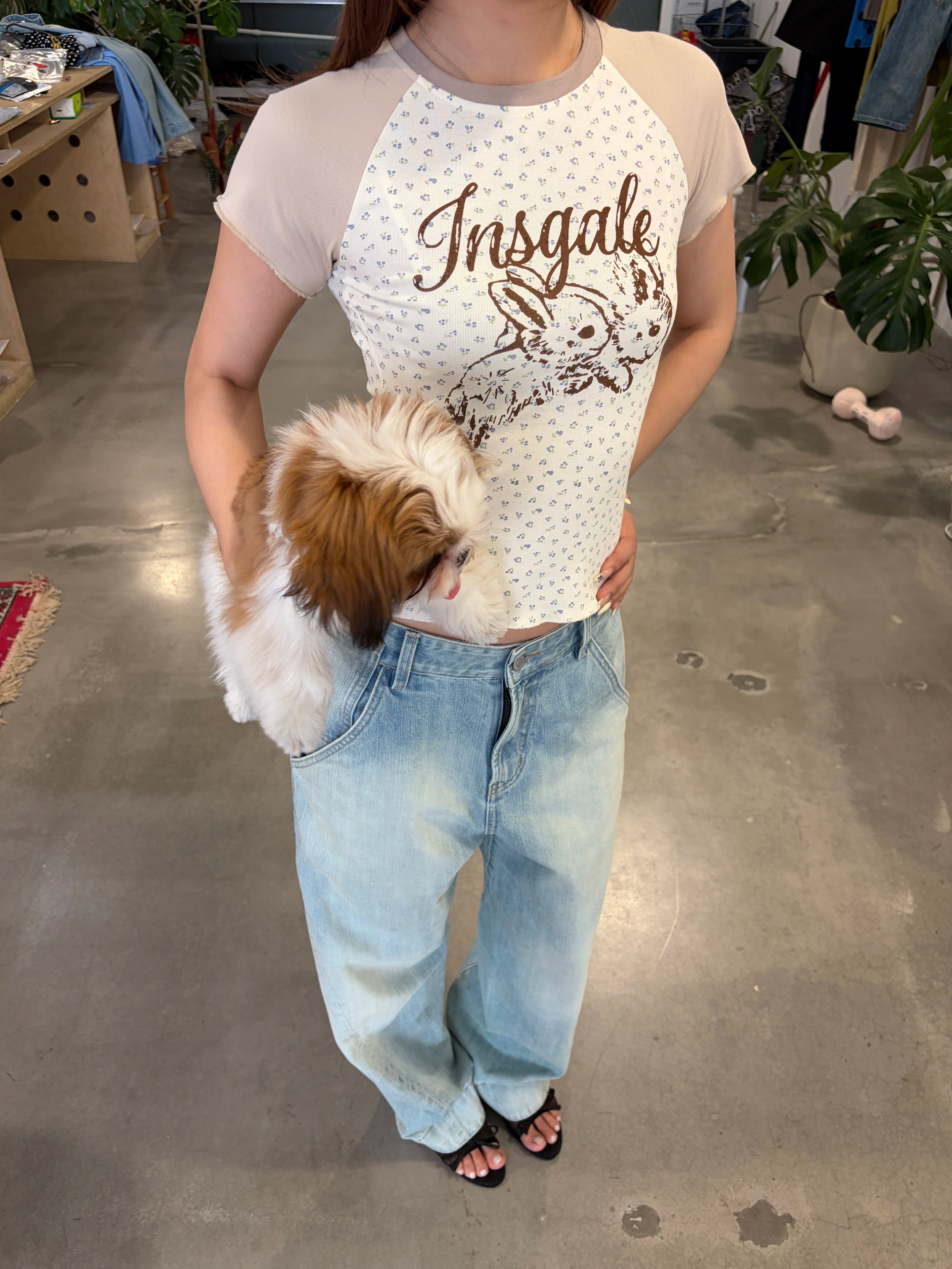 InsGale Floral Color Matching Shoulder Sleeve Slim Tee