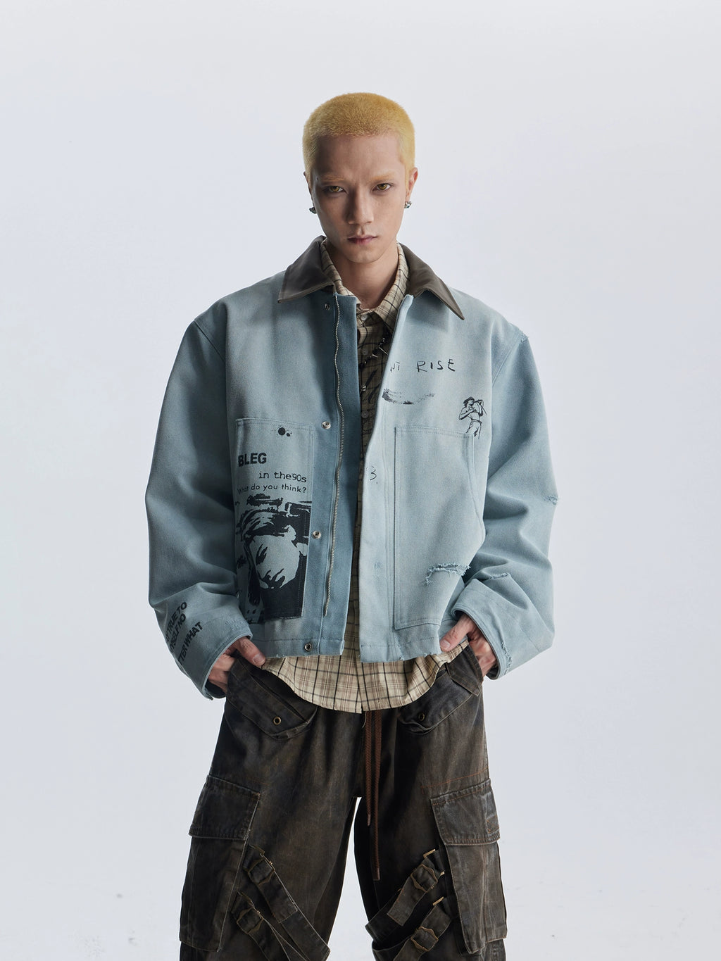 NOMANIAI Vintage Double-sided Print Lapel-neck Leather-neck Zip-up Jacket