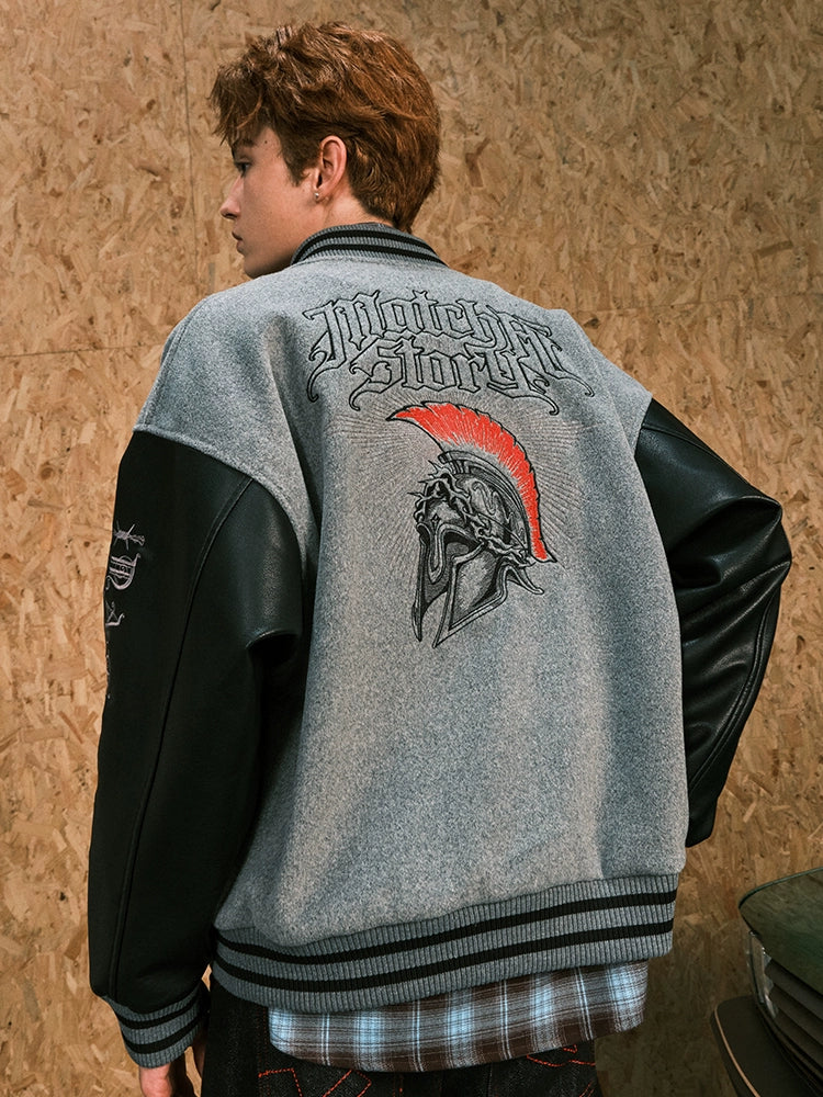 MATCHA STORY Leather Embroidered Baseball Jacket