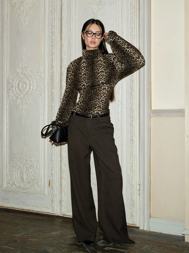 J TheChosen Leopard High Neck Pleated Waist Knitted Long Sleeves