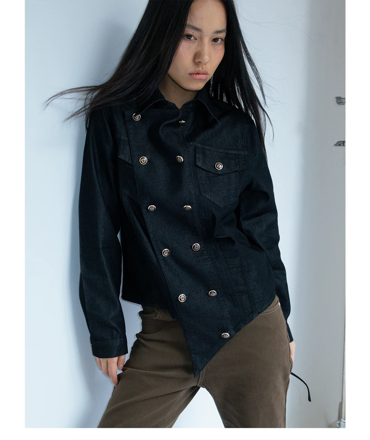 FUNKYFUN Straight Shoulder Thin Soft Denim Double-breasted Jacket