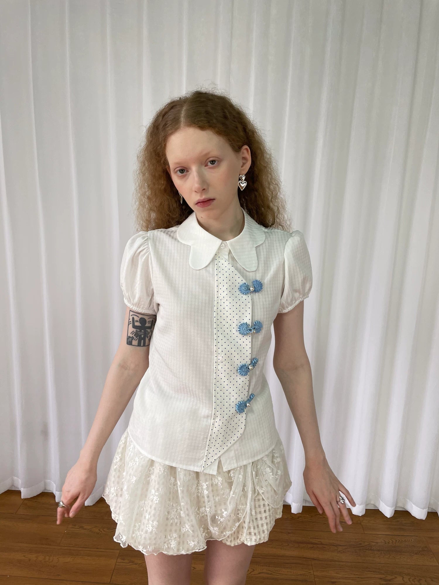Loosesmell Striped Split Polka Dot Skinny Short Sleeve Shirt