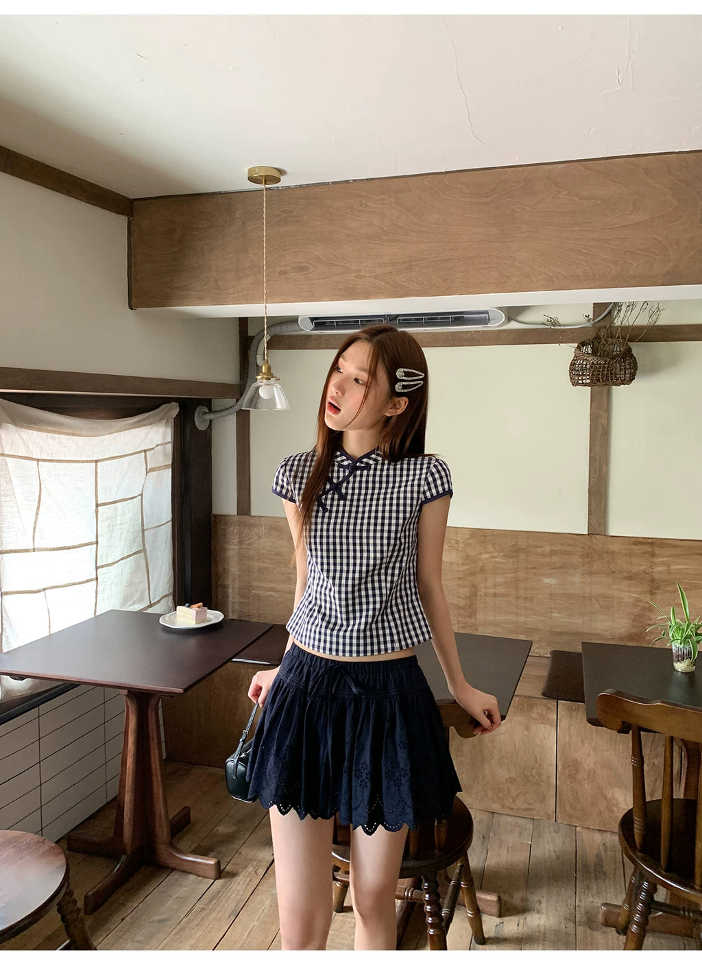 KANO Stand-up Collar Plaid Casual Tee