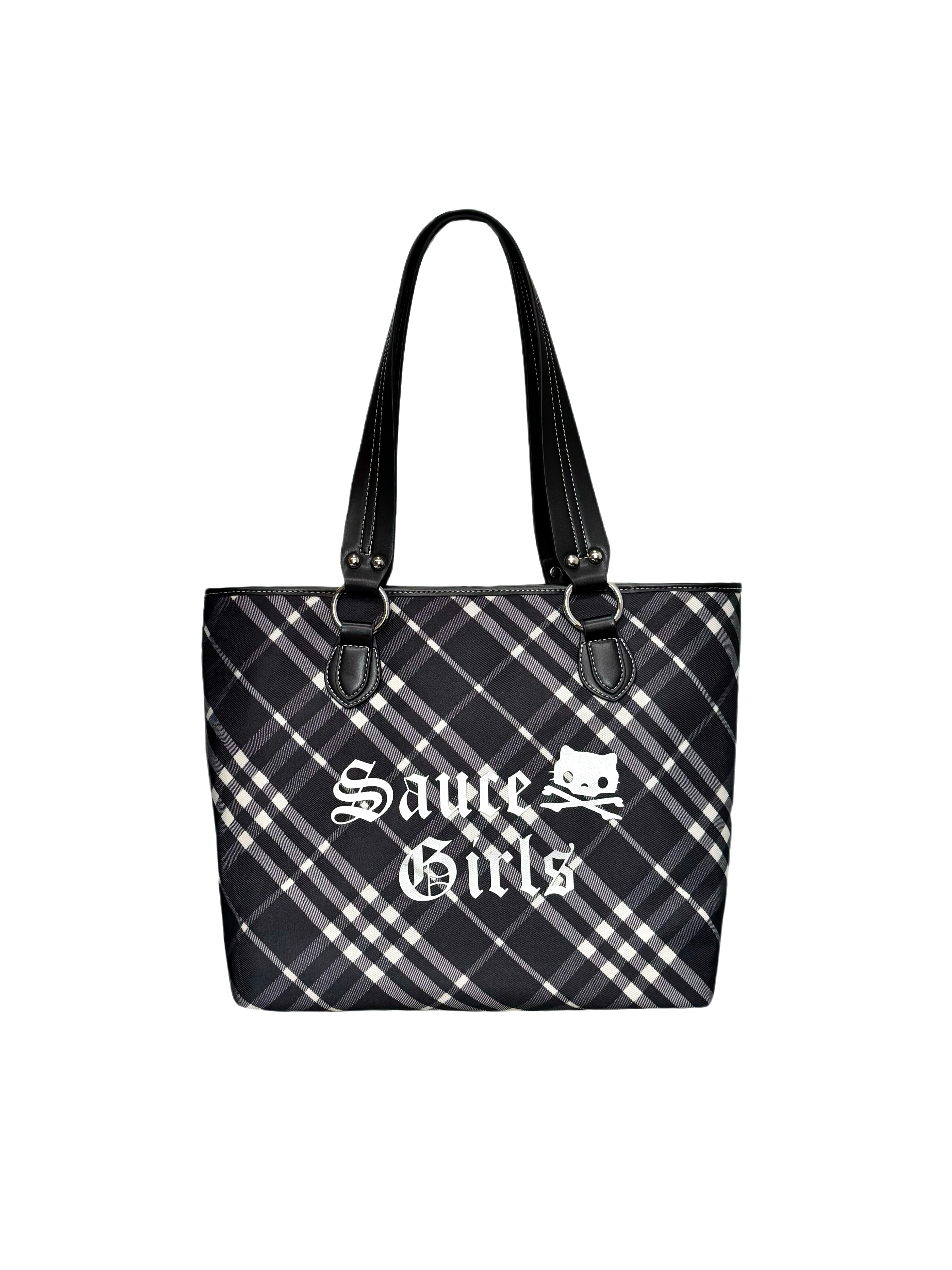 SAUCE Letter-printed Plaid Shoulder Commuter Tote Bag