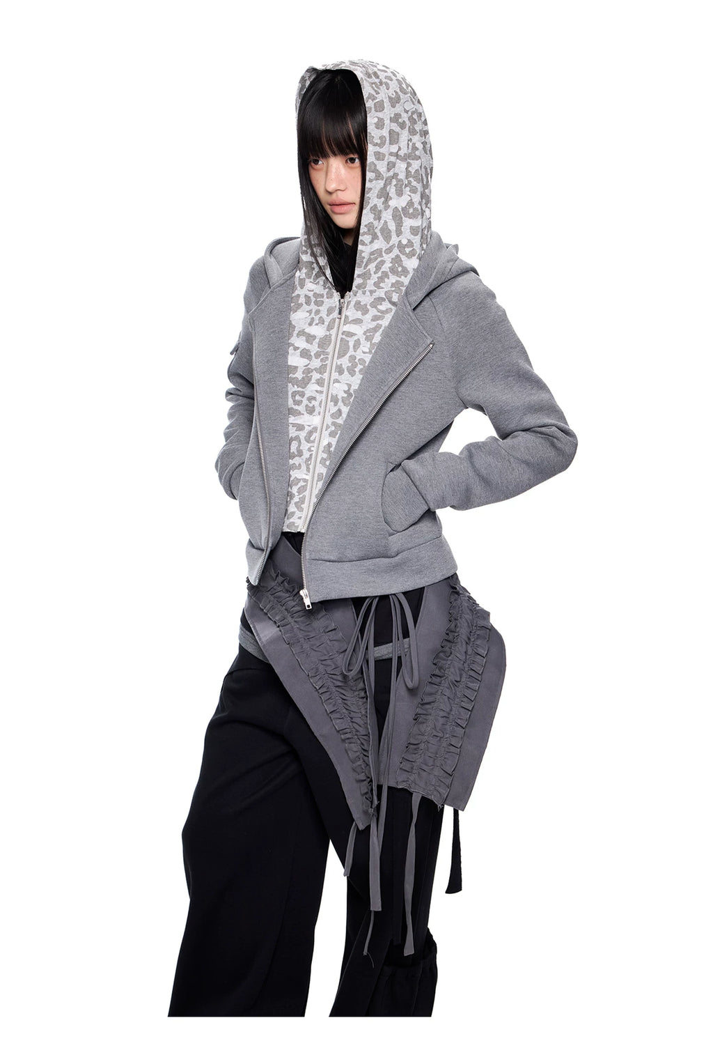 Ezek Faux Two-piece Leopard Print Hooded Cropped Jacket