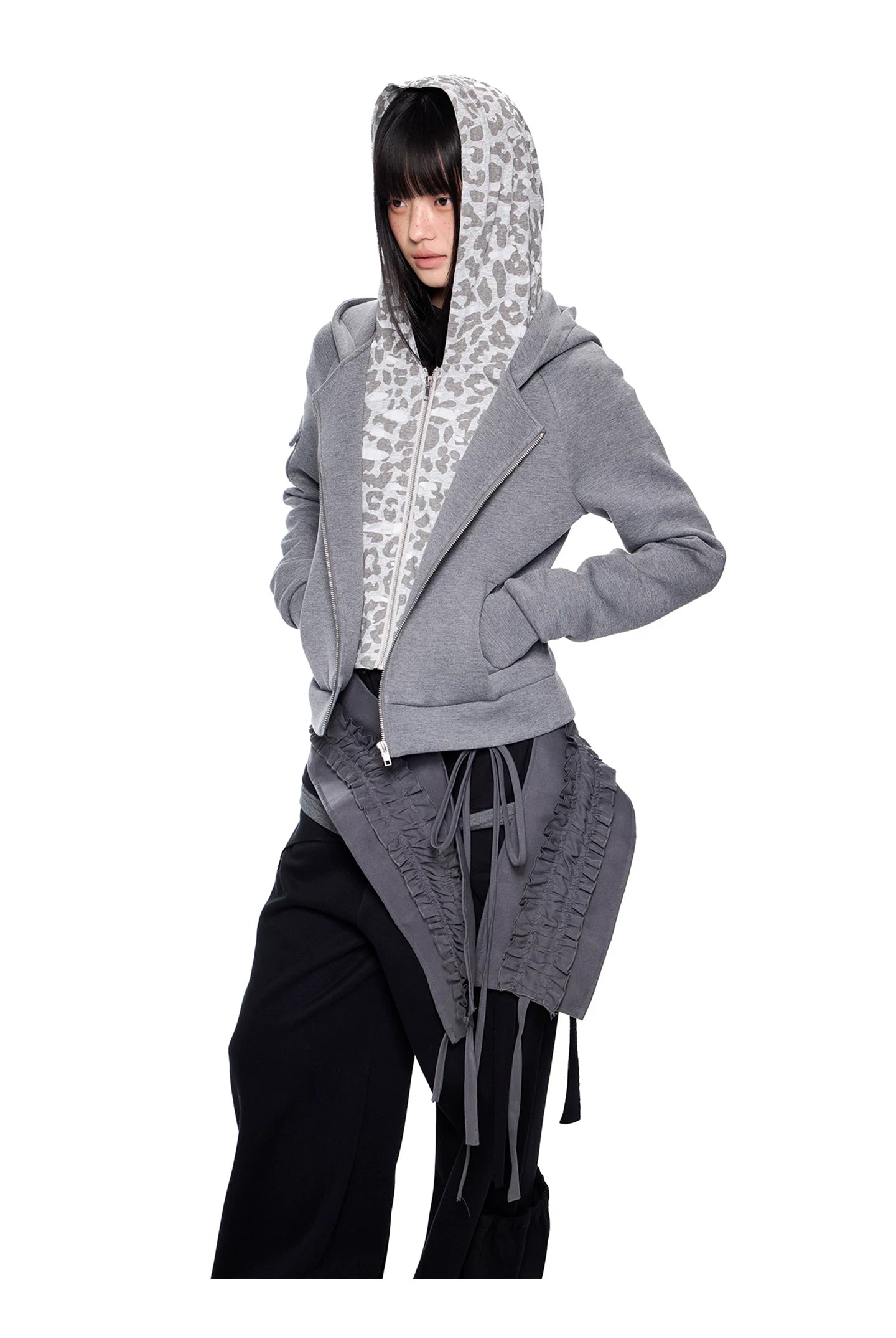 Ezek Faux Two-piece Leopard Print Hooded Cropped Jacket