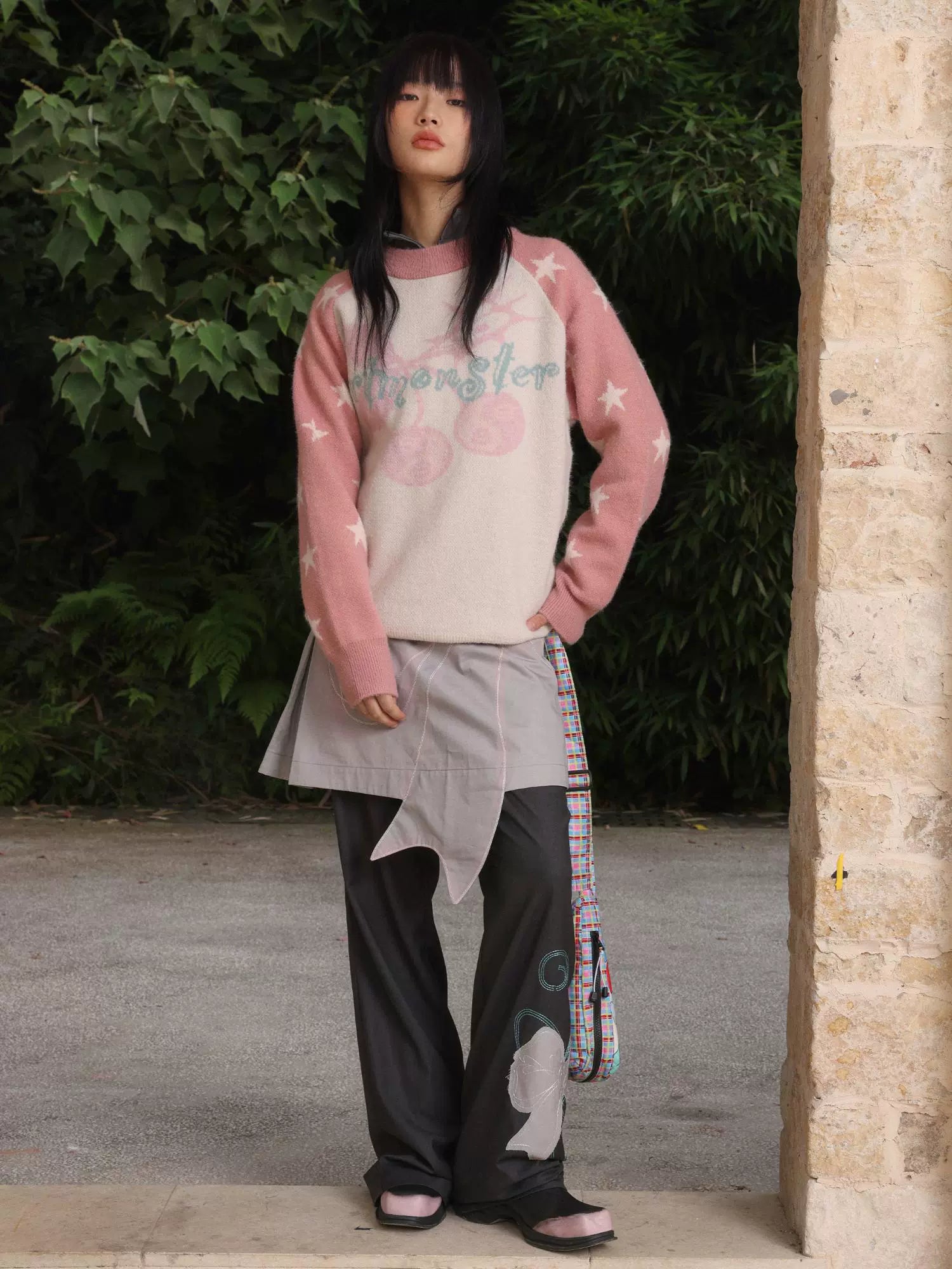 EeeeArtmonster Cherry Print Color Matching Heavy Crew Neck Sweater